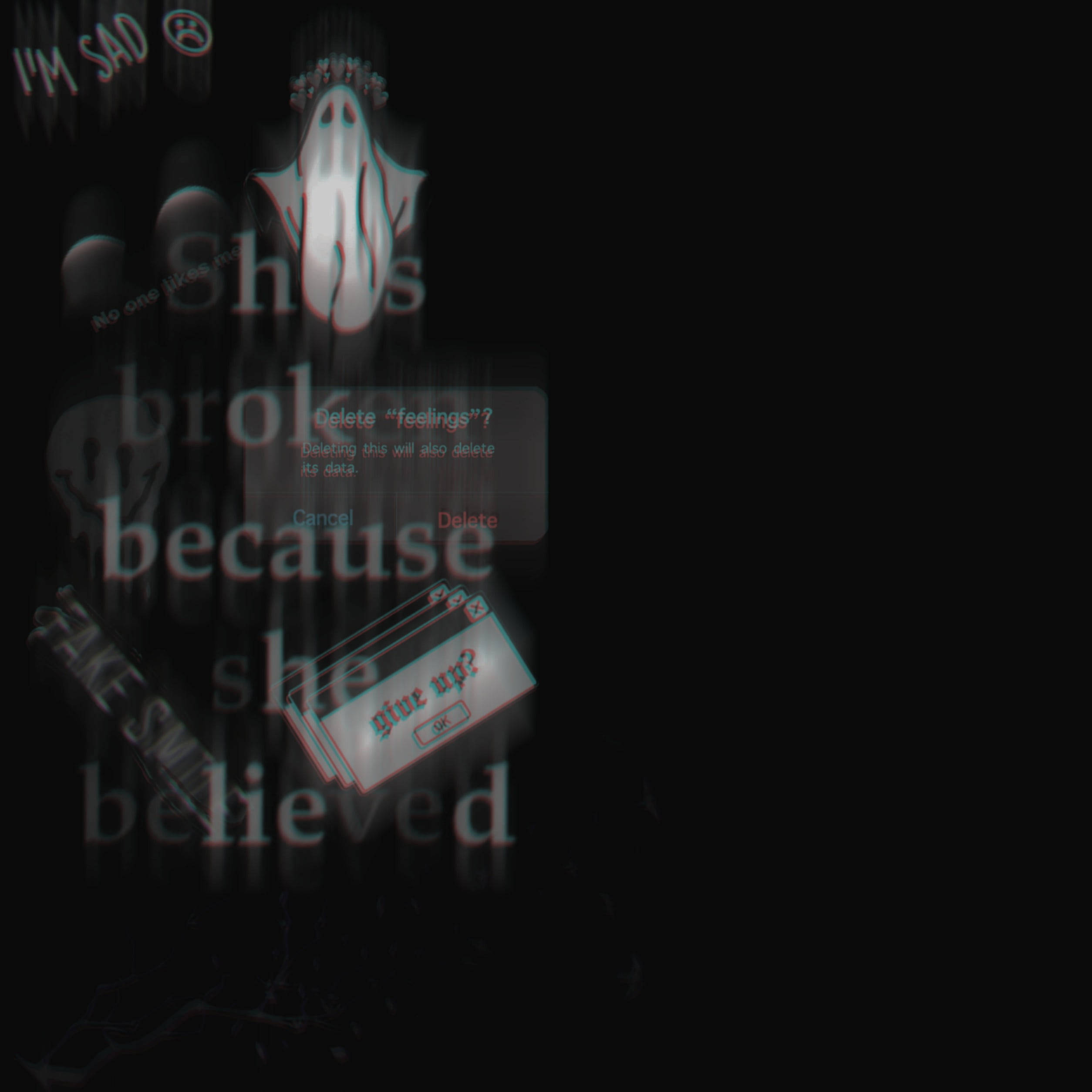 glitchy digital ghost, floating text, delete confirmation box, Full HD Desktop Wallpaper