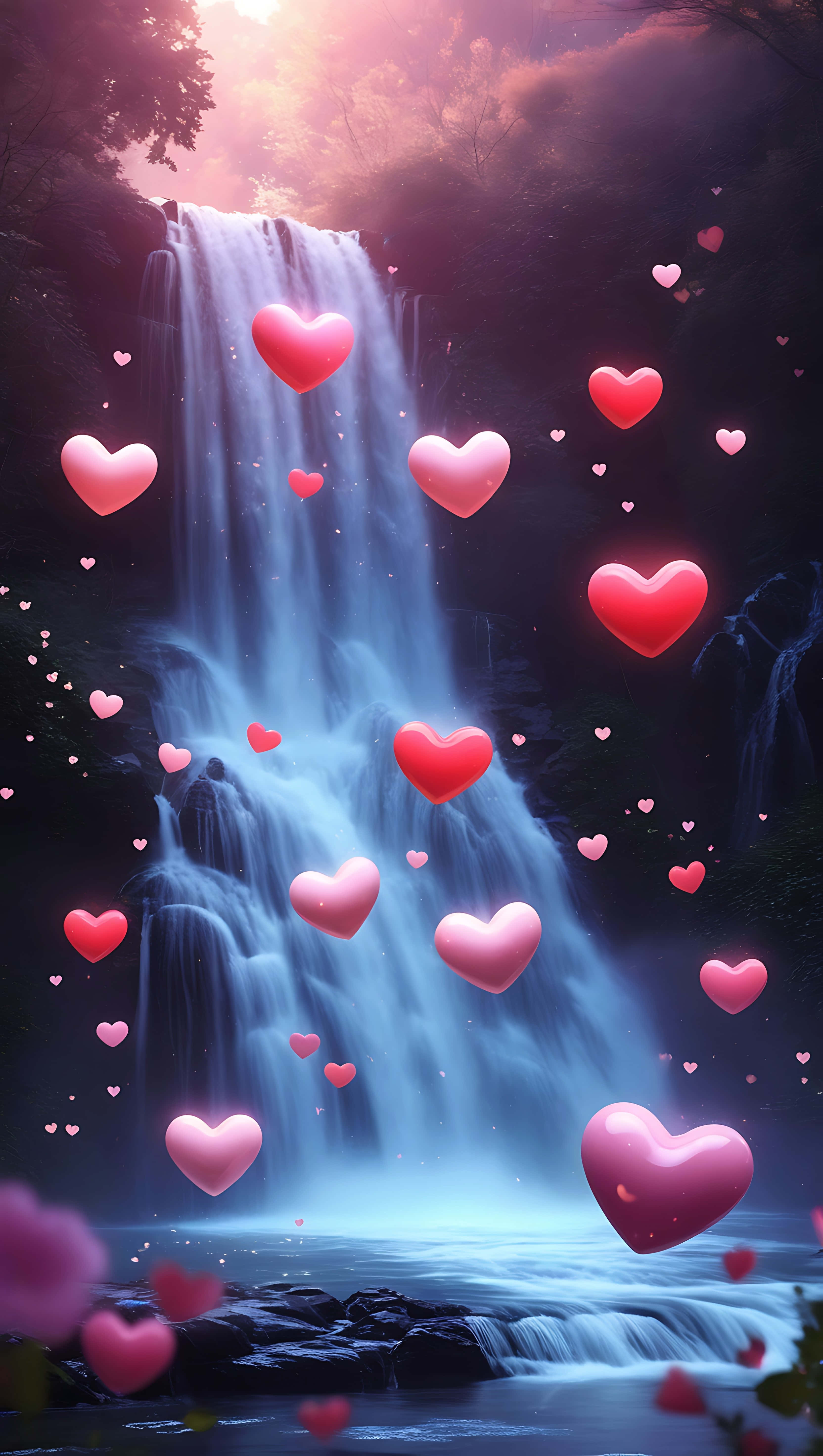 floating love hearts, waterfall, mystical forest, 5K Phone Wallpaper