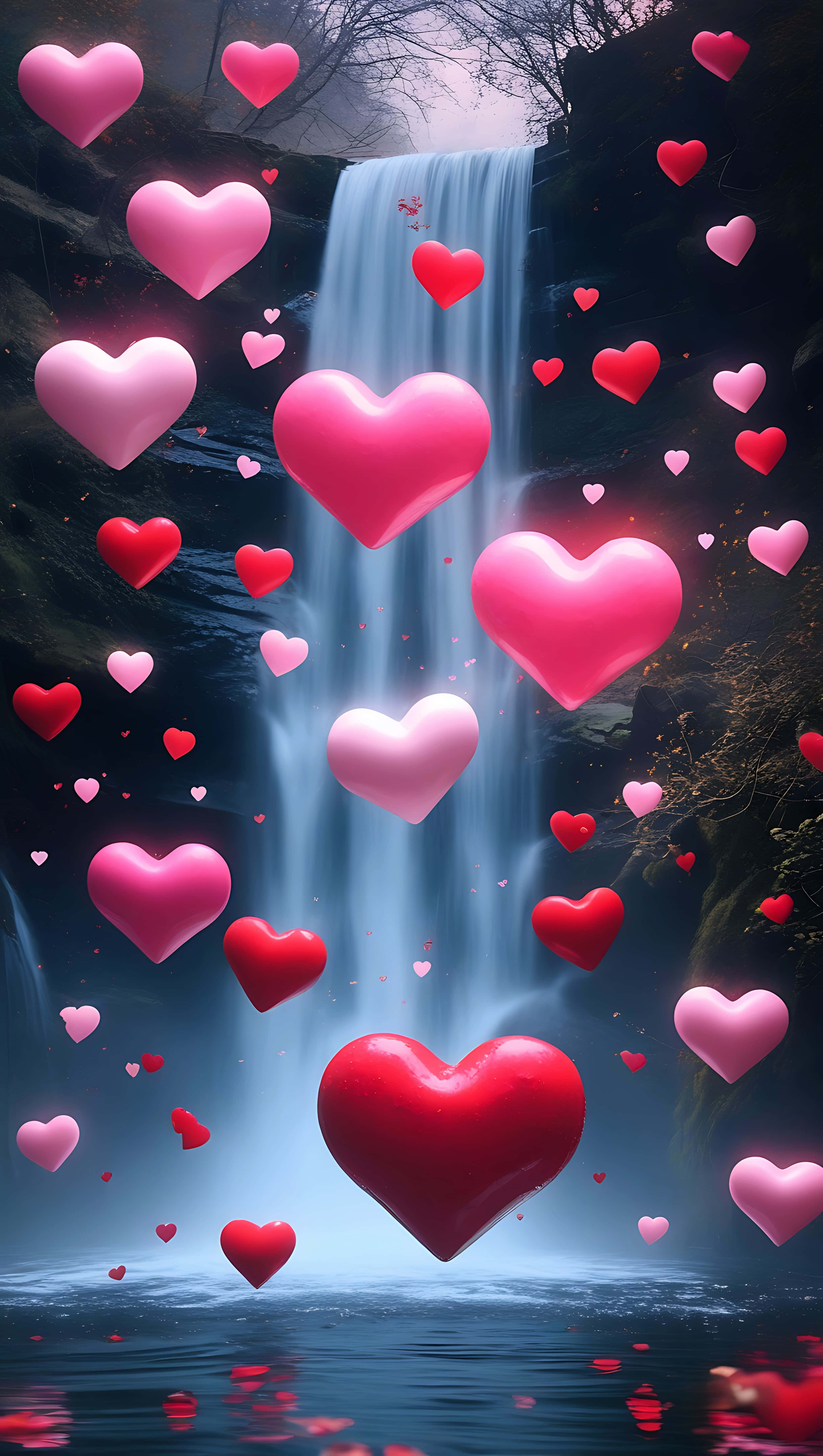 floating love hearts, glowing waterfall, dark pool, 5K Phone Wallpaper