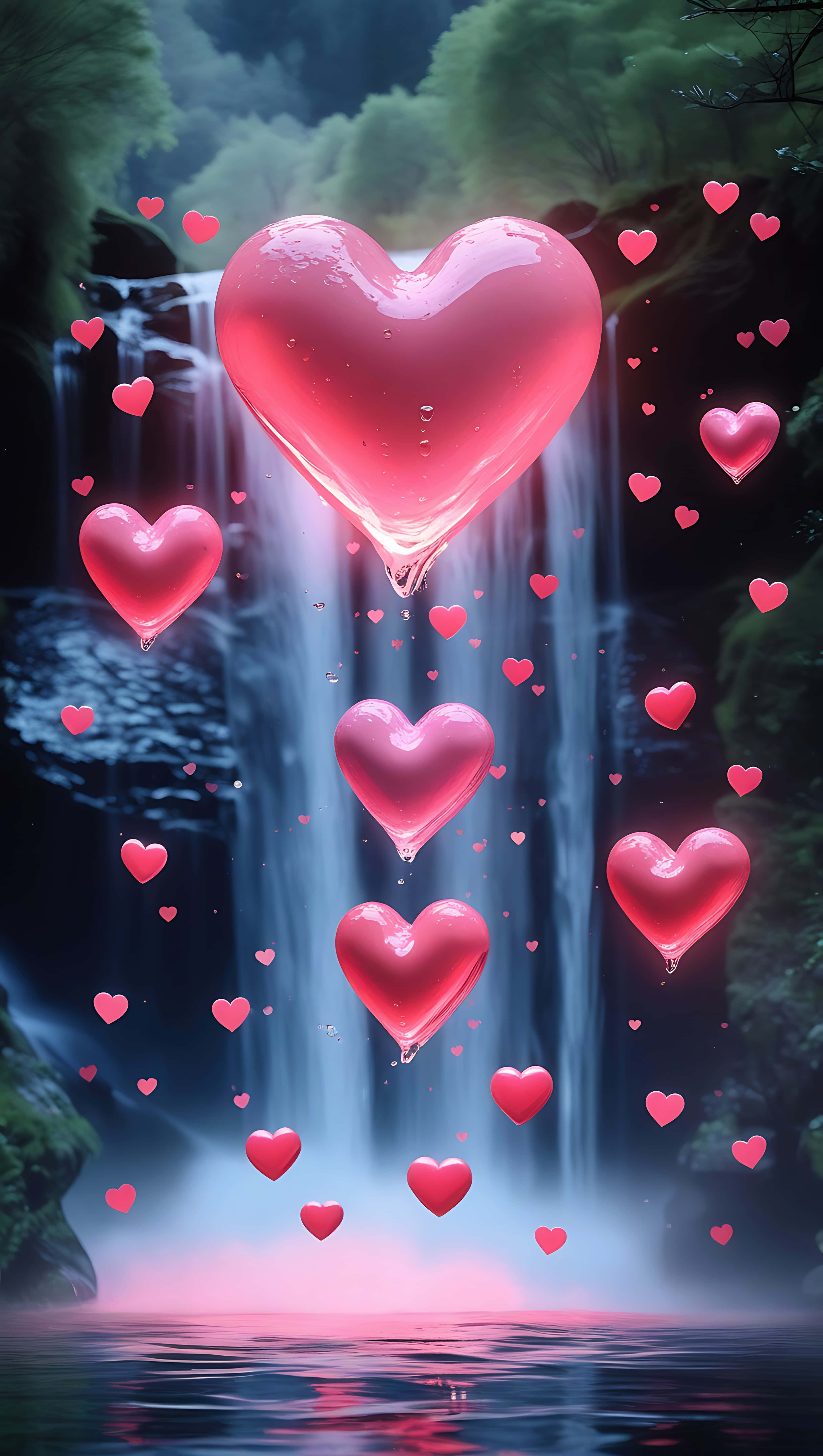 floating love hearts, misty waterfall, lush greenery, 5K Phone Wallpaper