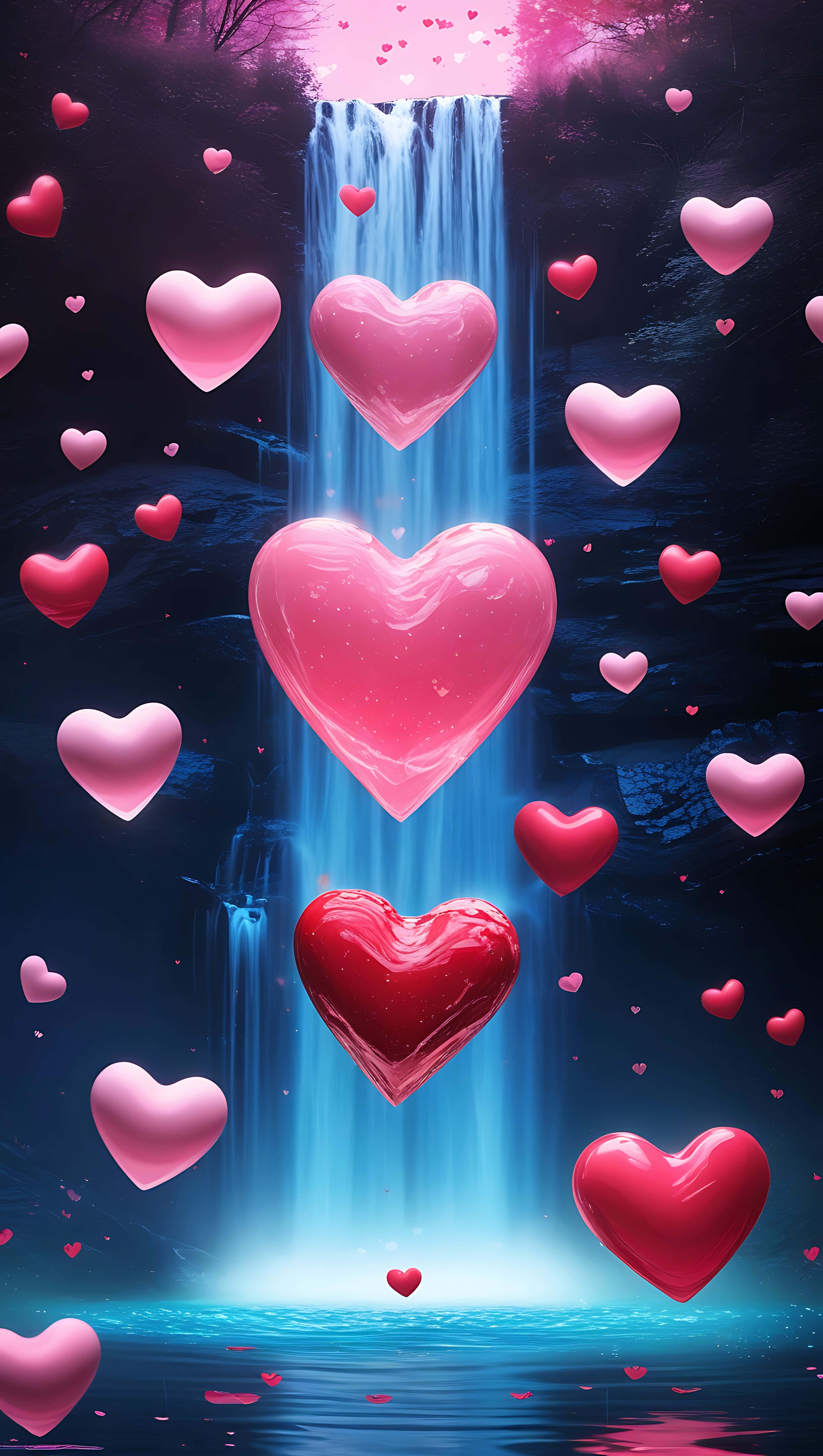 floating love hearts, waterfall, dark forest, 5K Phone Wallpaper