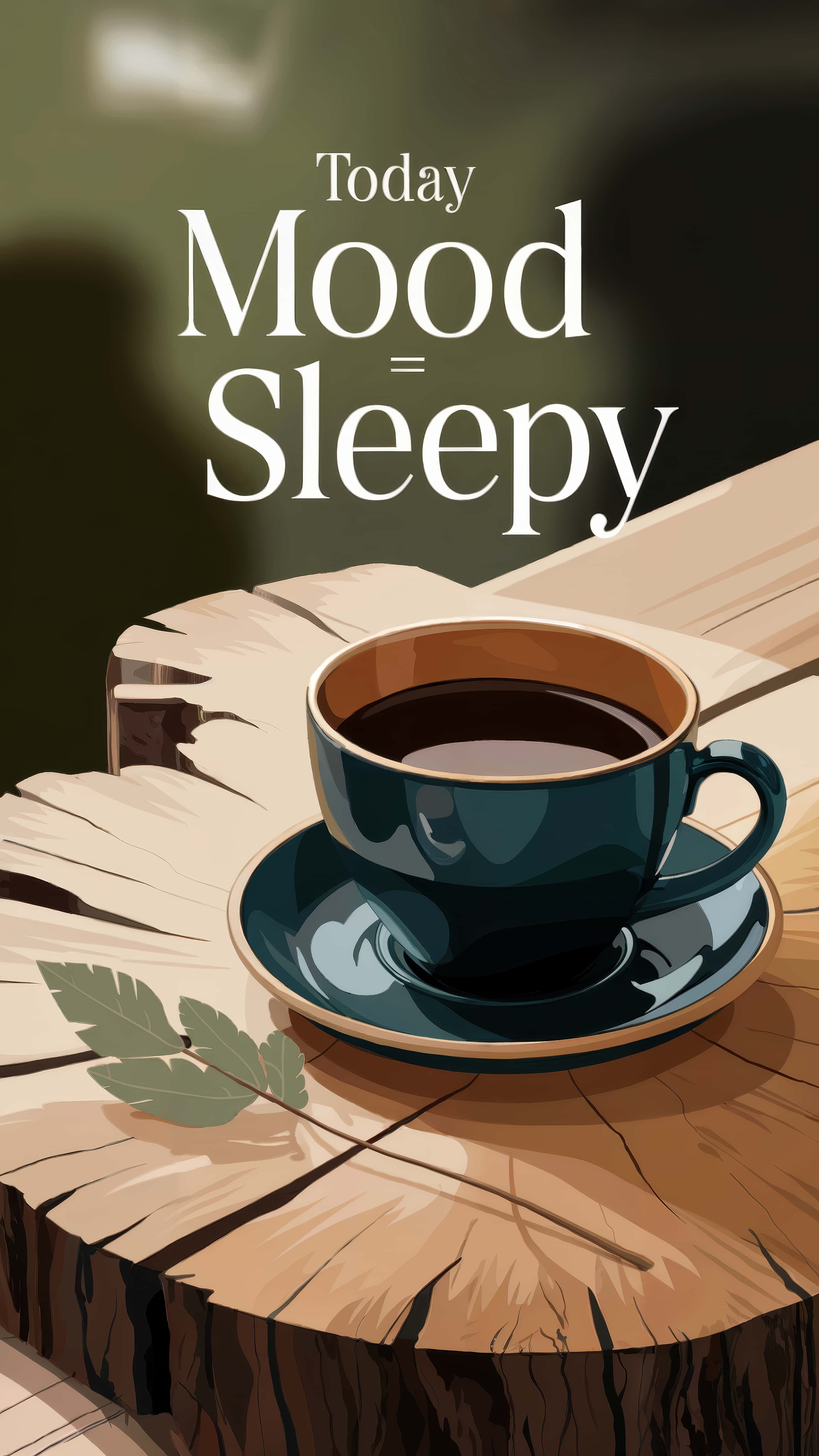 dark teal coffee cup, rustic wooden stump, single leaf, 5K Phone Wallpaper