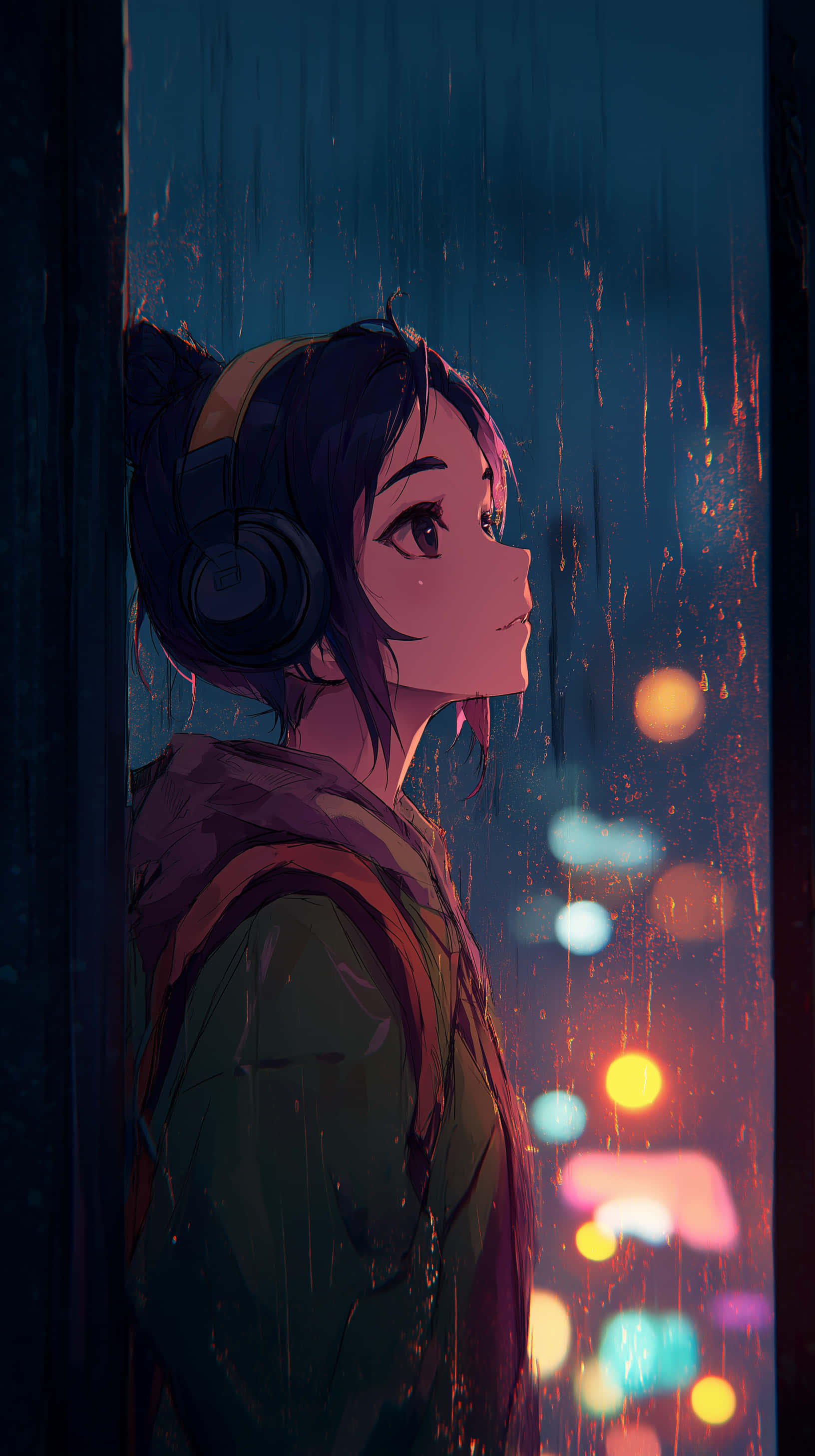 anime girl, headphones, rain-streaked window, 2K Phone Wallpaper