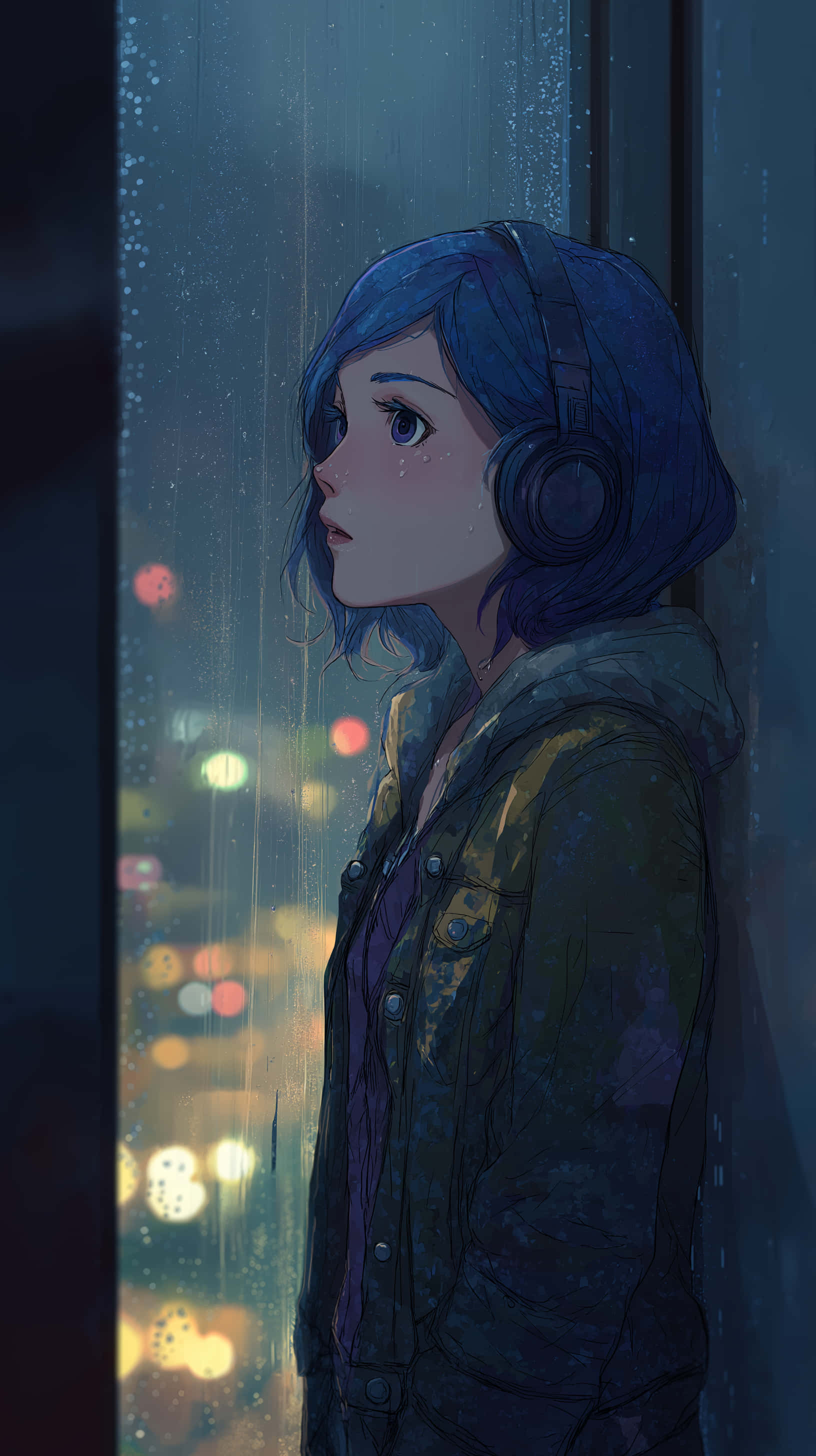 blue-haired anime girl, headphones, rain-streaked window, 2K Phone Wallpaper