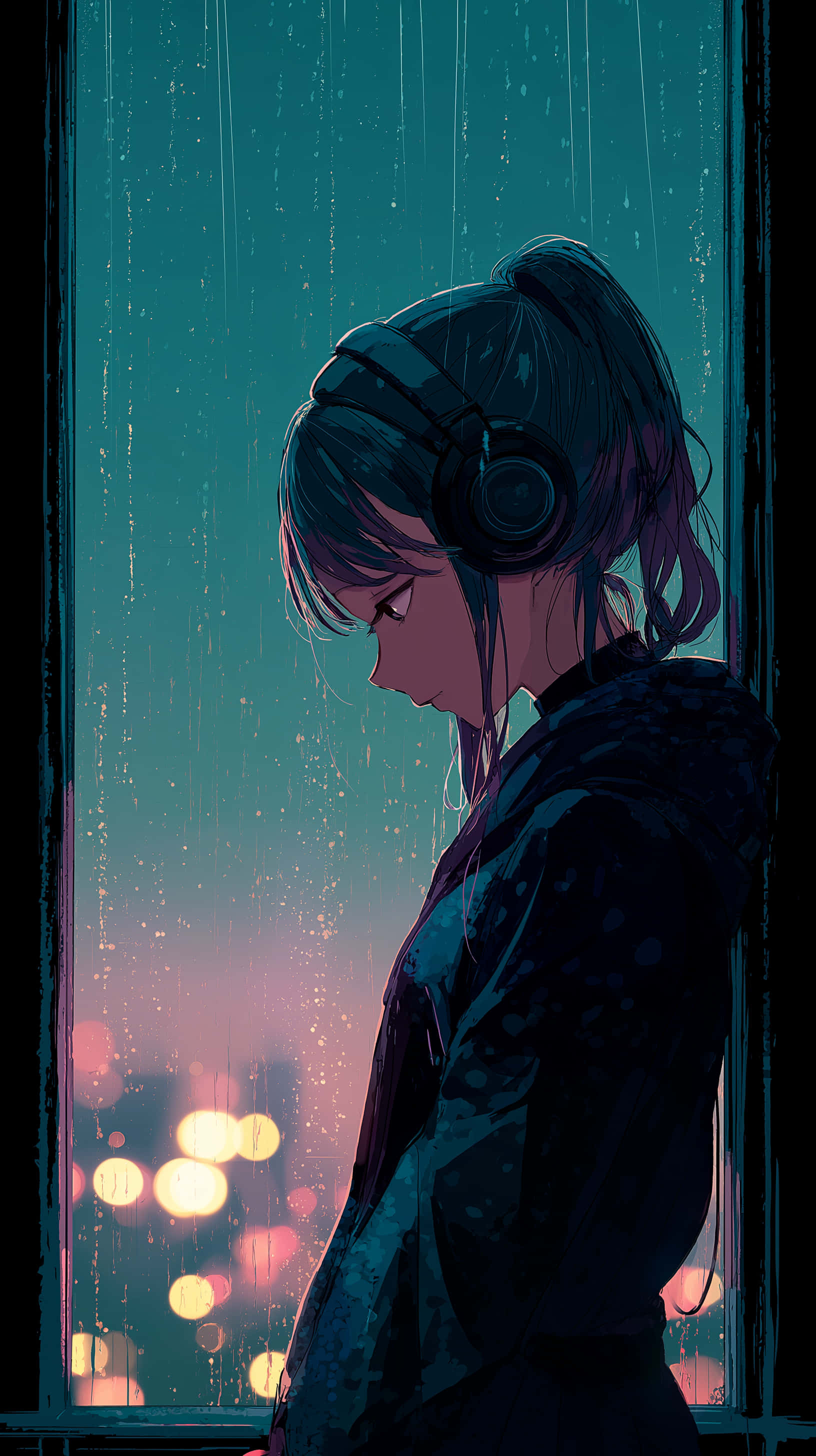 melancholic anime girl, headphones, rainy window, 2K Phone Wallpaper