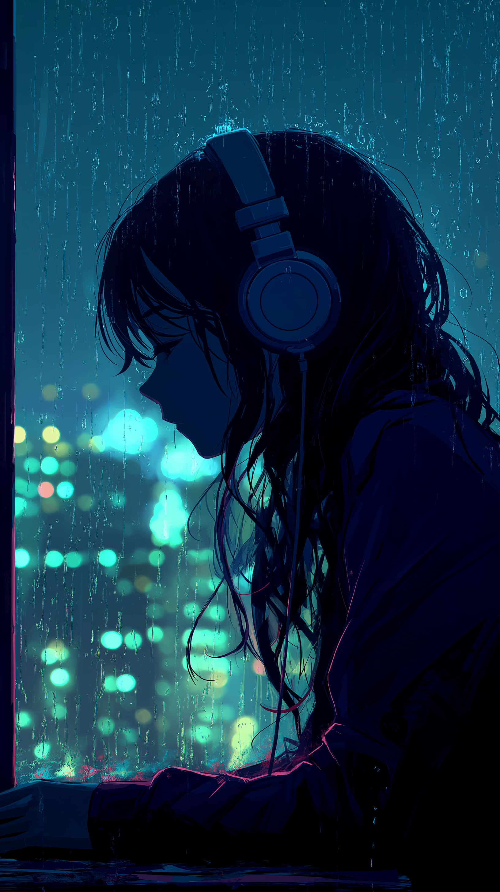 anime girl, headphones, rain-streaked window, 2K Phone Wallpaper