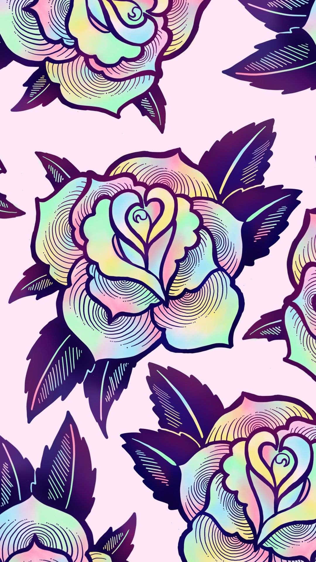 psychedelic flowers, iridescent roses, dark leaves, Full HD Phone Wallpaper