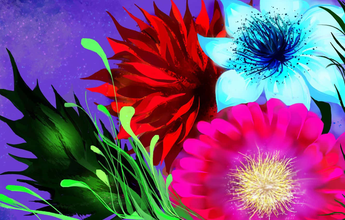 psychedelic flowers, red pink and blue, cosmic purple background, HD Desktop Wallpaper