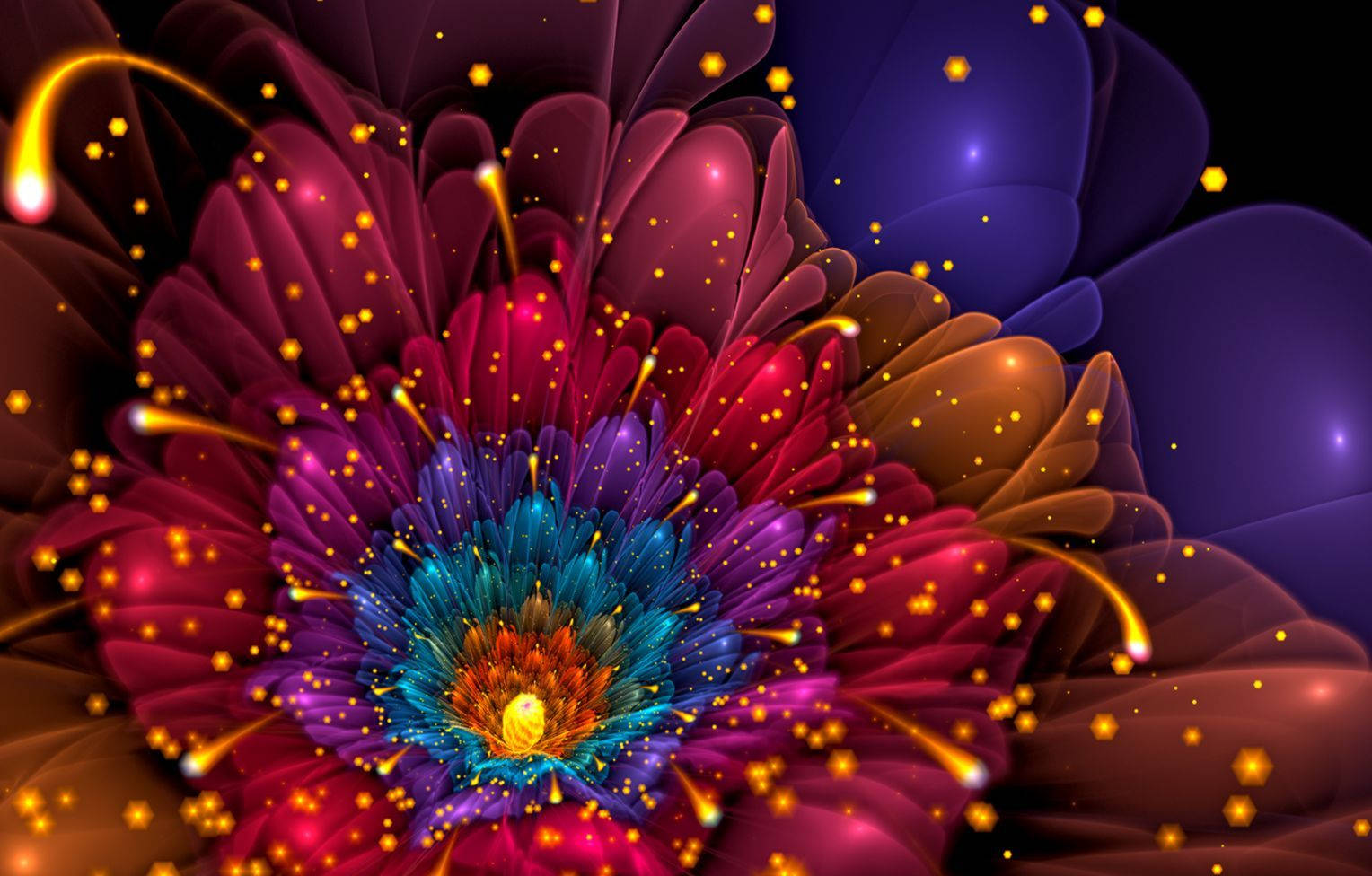 Sparkly Psychedelic Flower, magenta petals, glowing blue center, HD Desktop Wallpaper