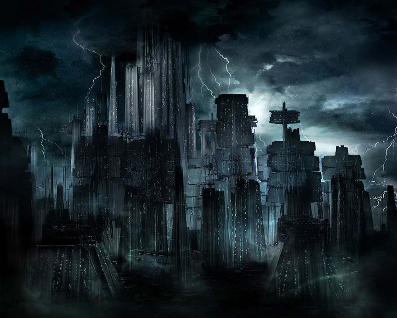Tumultuous Dark City, stormy sky, lightning, HD Desktop Wallpaper