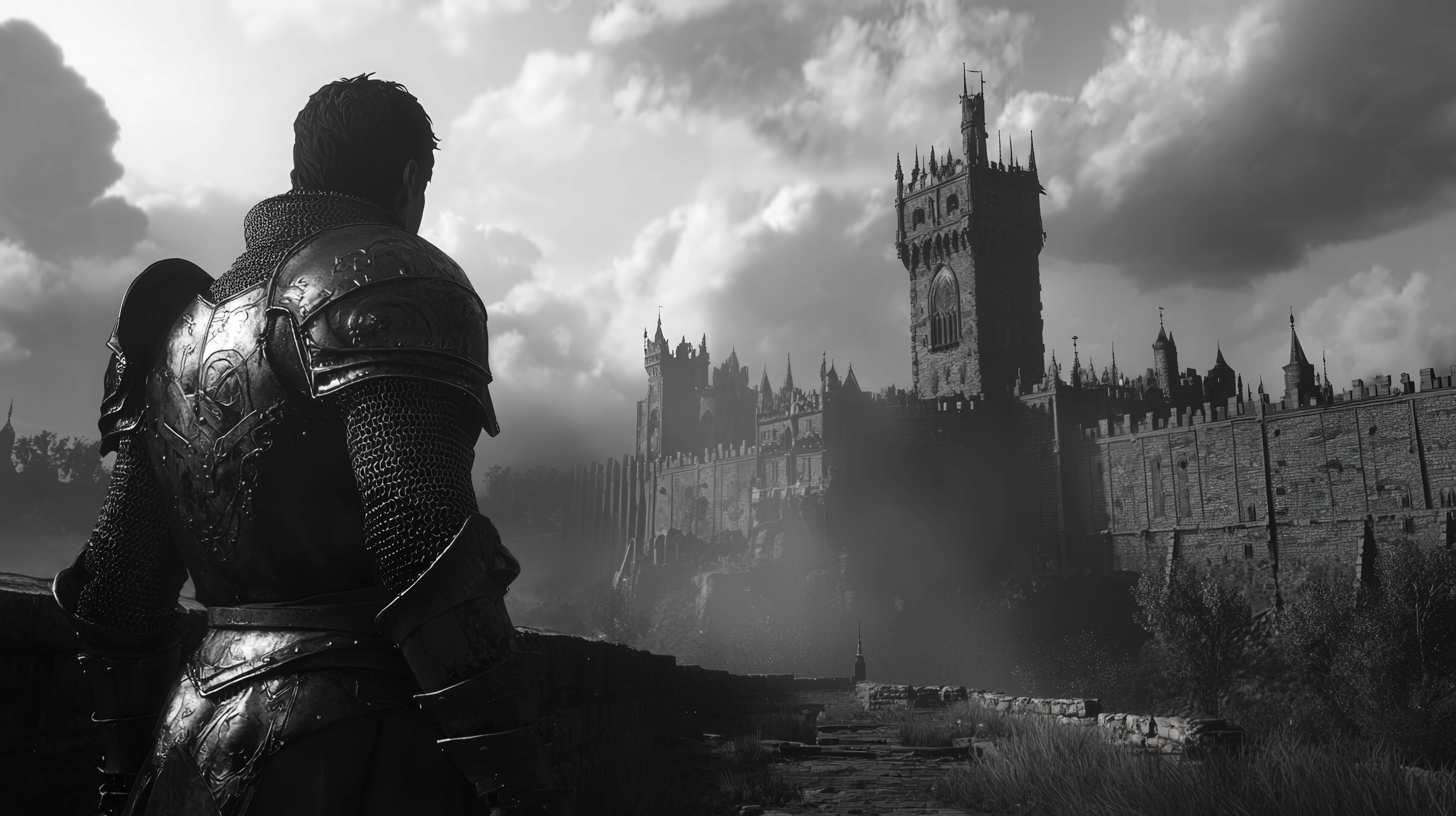 lone knight, heavy armor, dark landscape, 8K Desktop Wallpaper