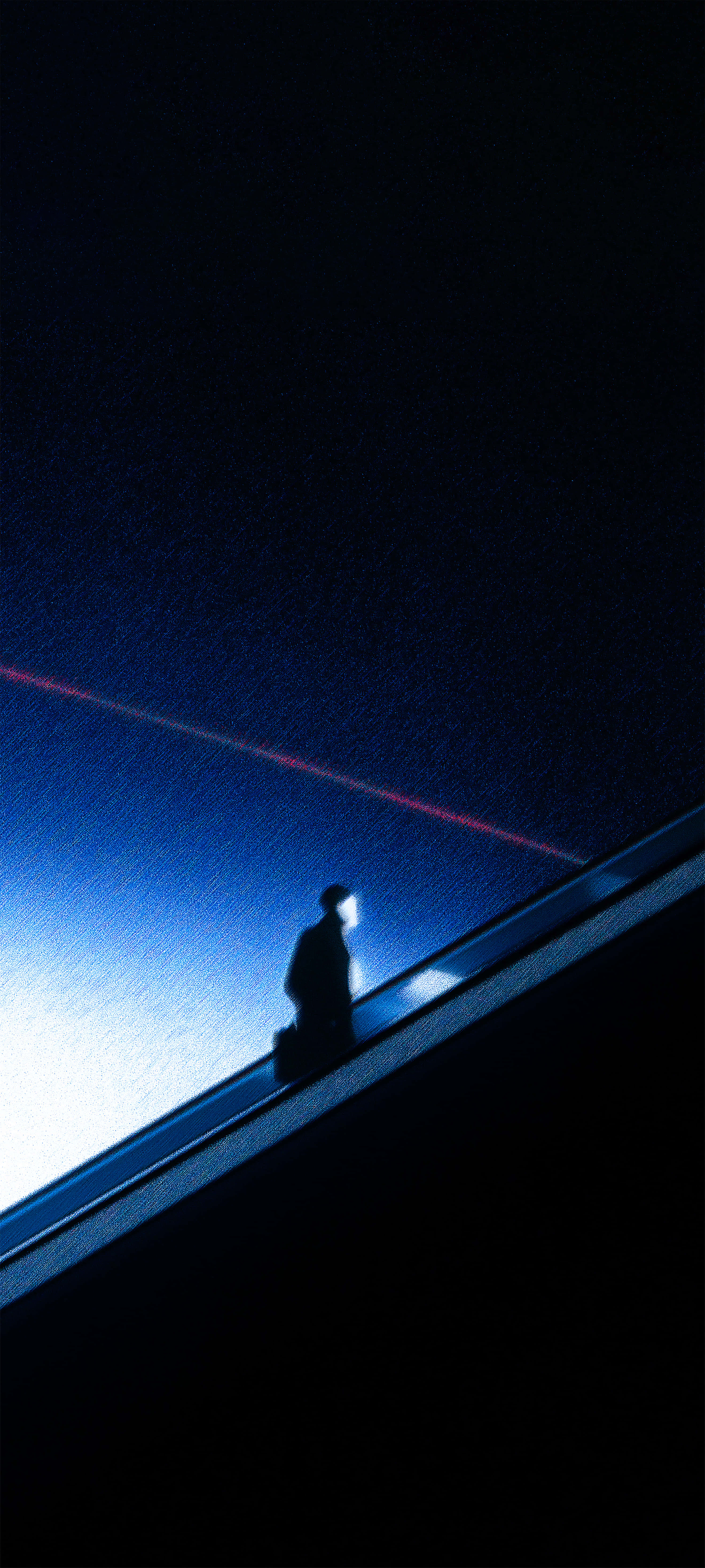 lonely silhouette, glowing escalator, deep blue night sky, 5K Phone Wallpaper