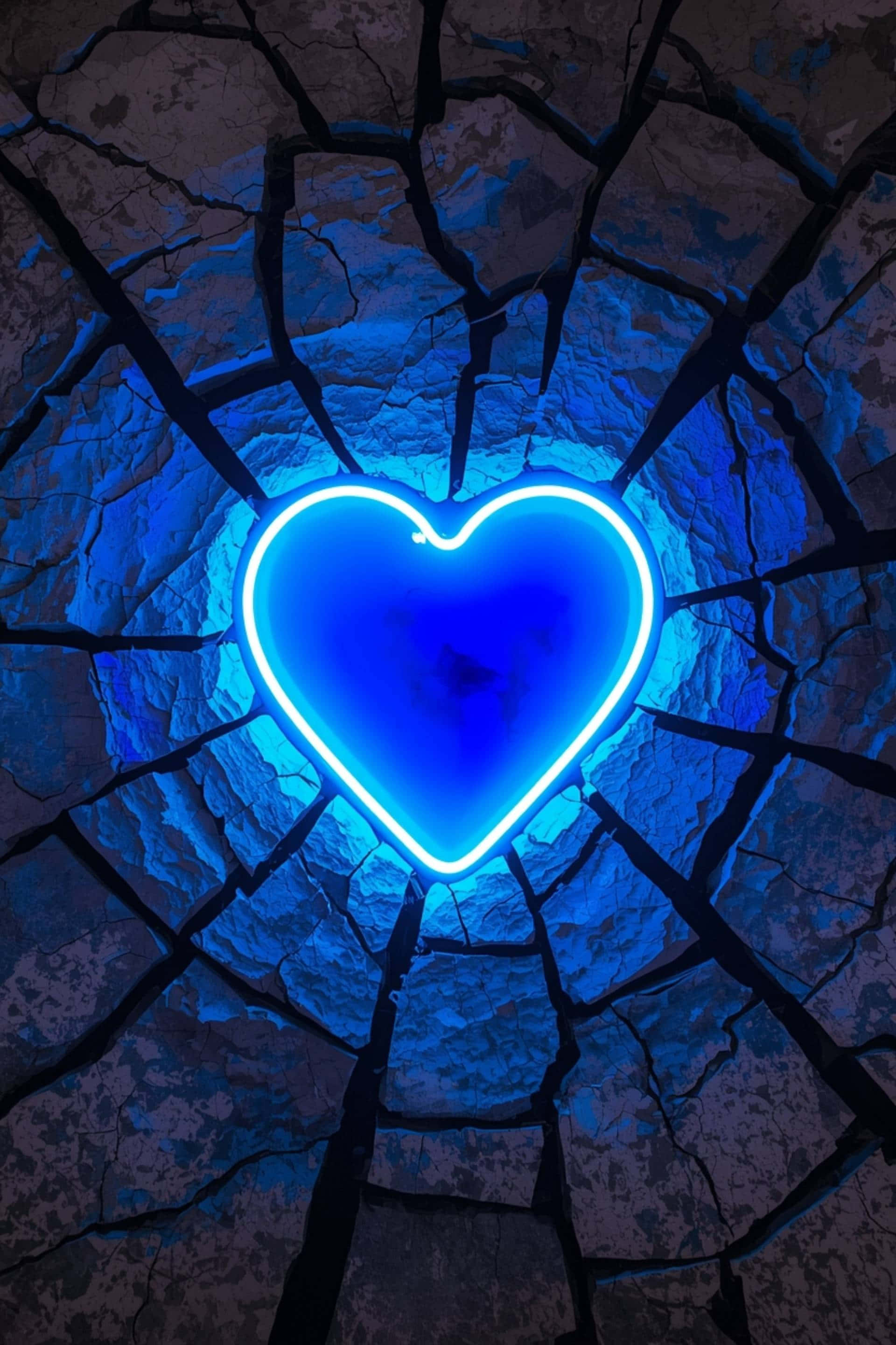 neon heart, cracked stone, glowing blue neon, 2K Phone Wallpaper