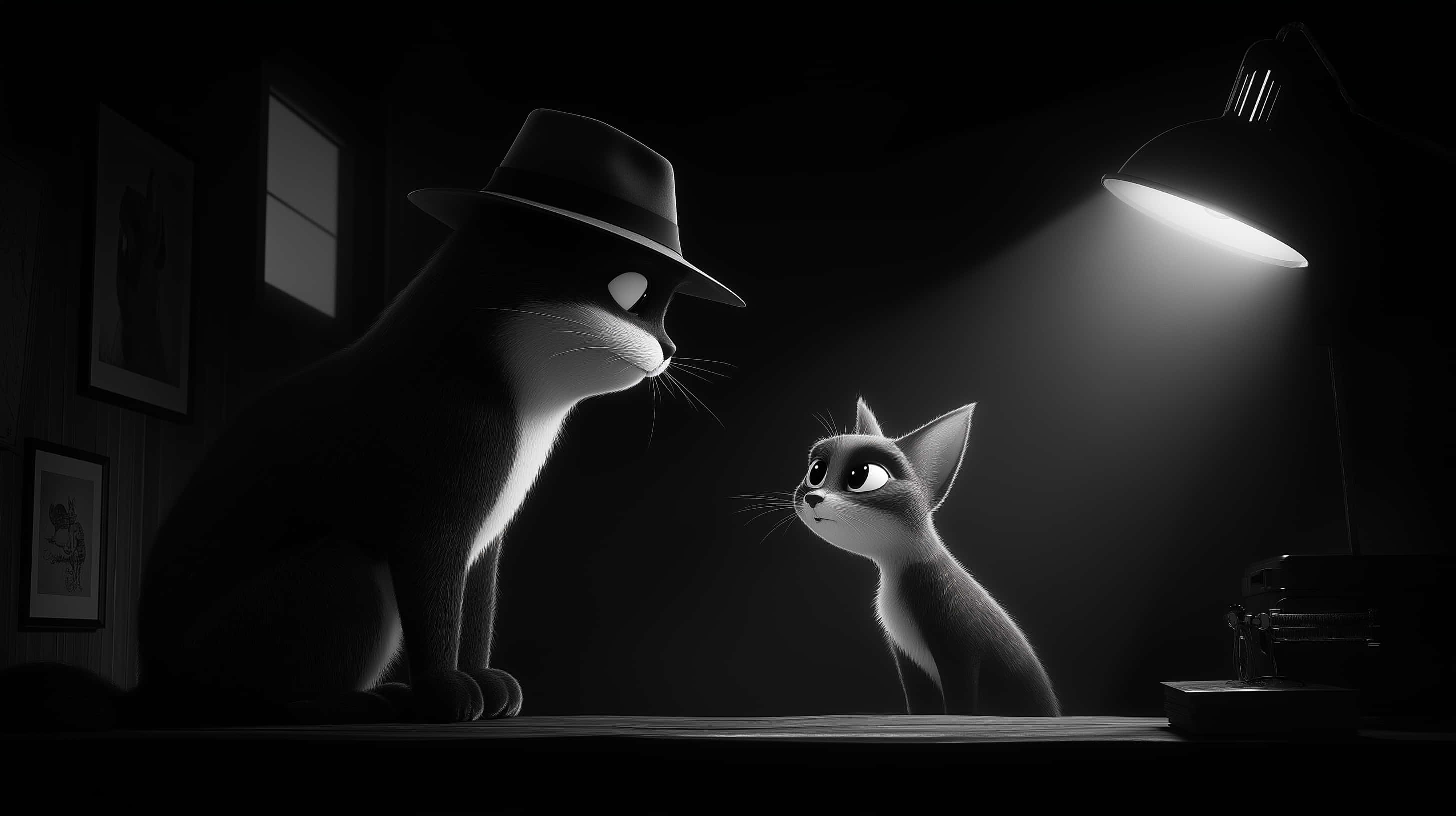 noir detective cat, fedora-wearing cat, smaller cat, 2K Desktop Wallpaper