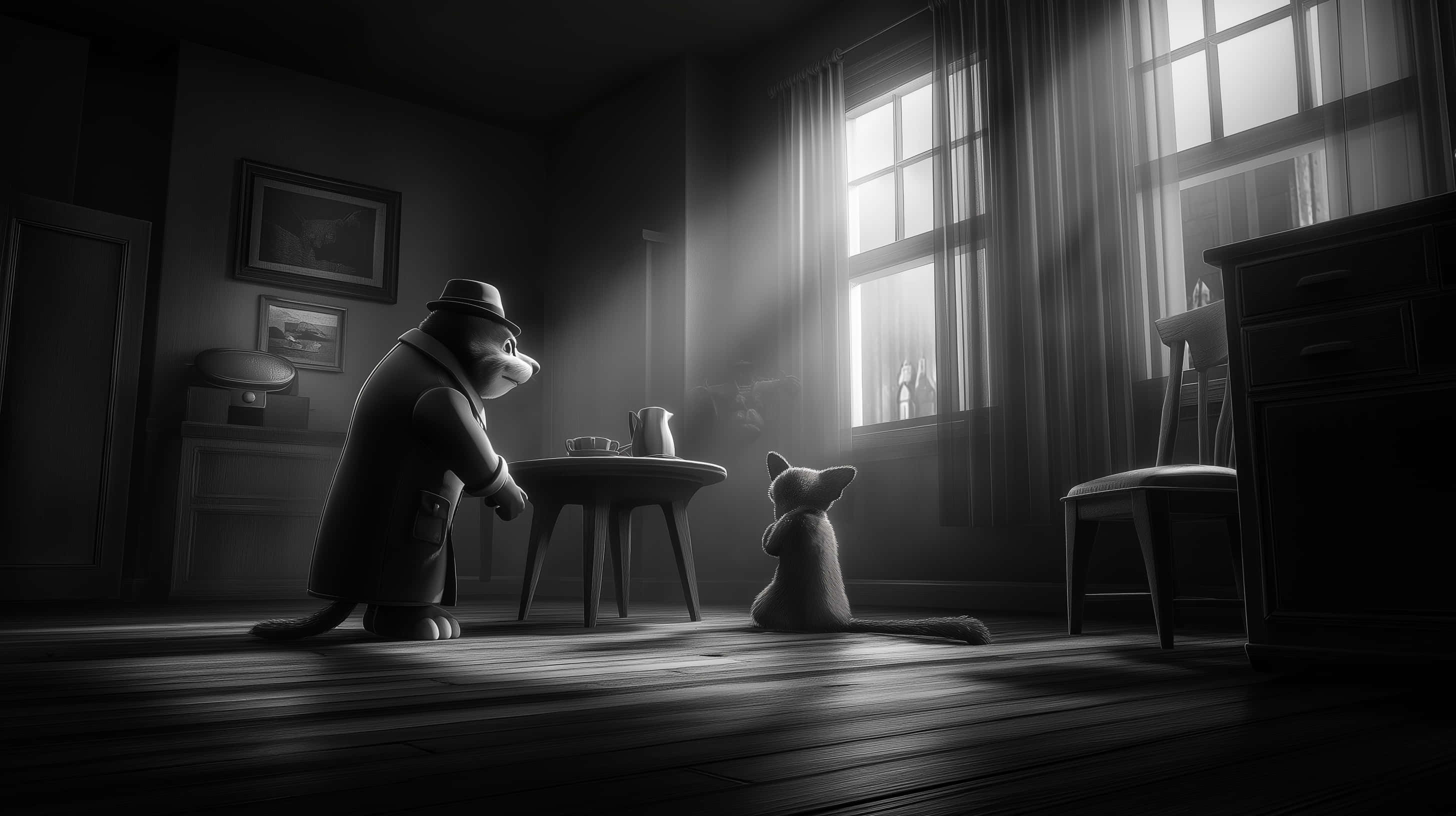 noir detective cat, fedora, fox, 2K Desktop Wallpaper