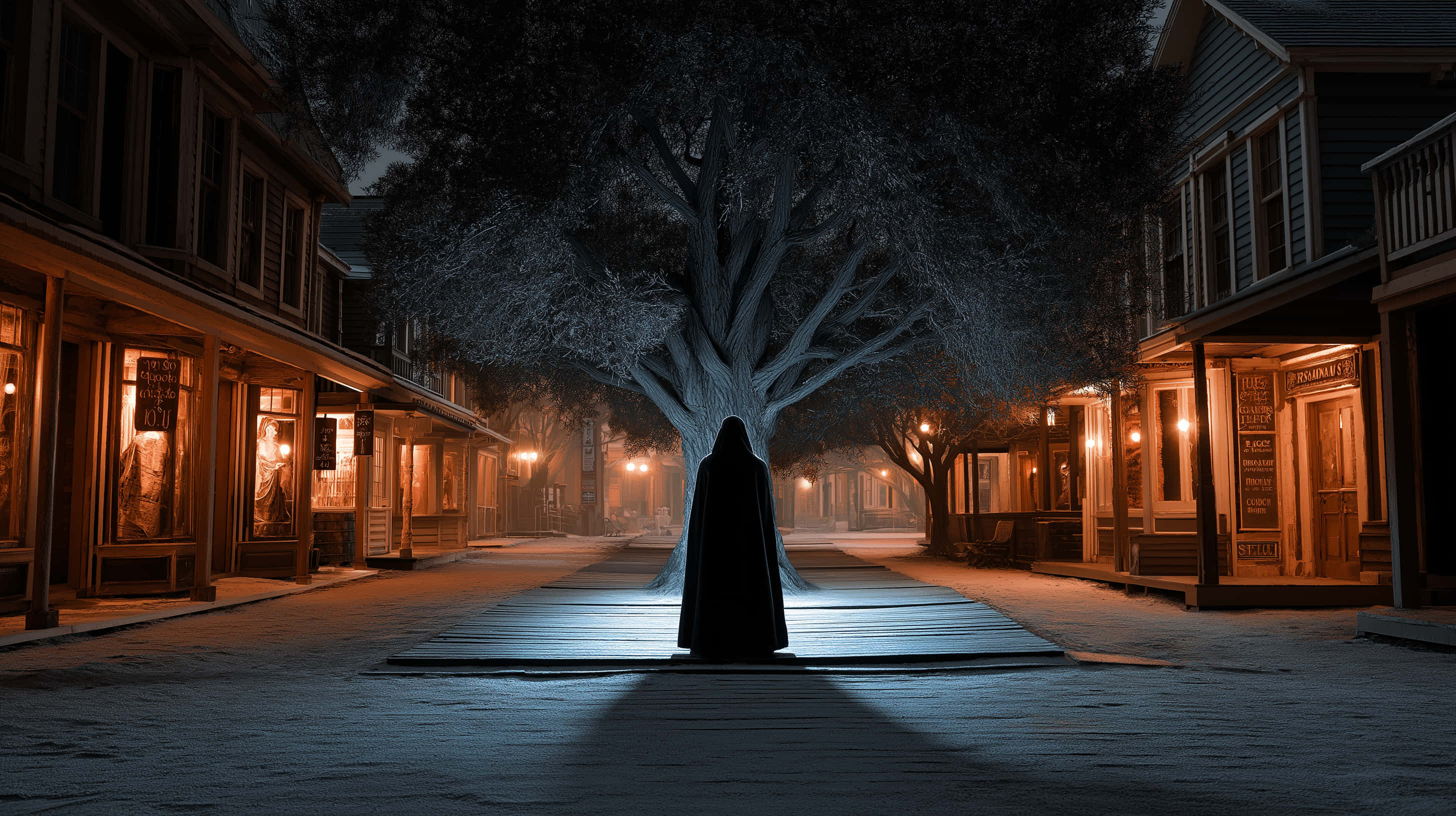 cloaked figure, dark tree, snowy street, 2K Desktop Wallpaper