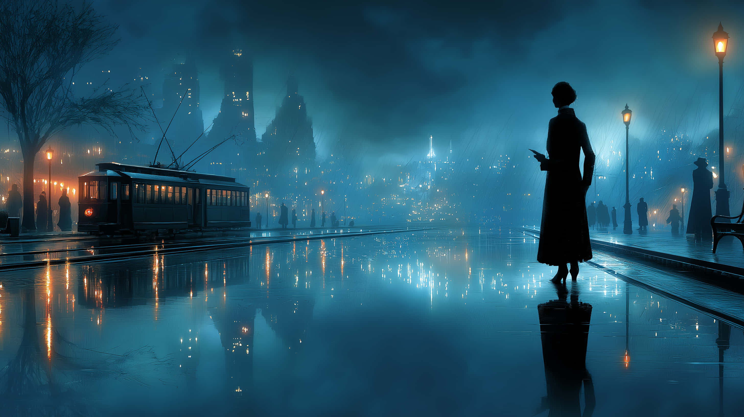 melancholy woman, twilight rain, city reflections, 2K Desktop Wallpaper