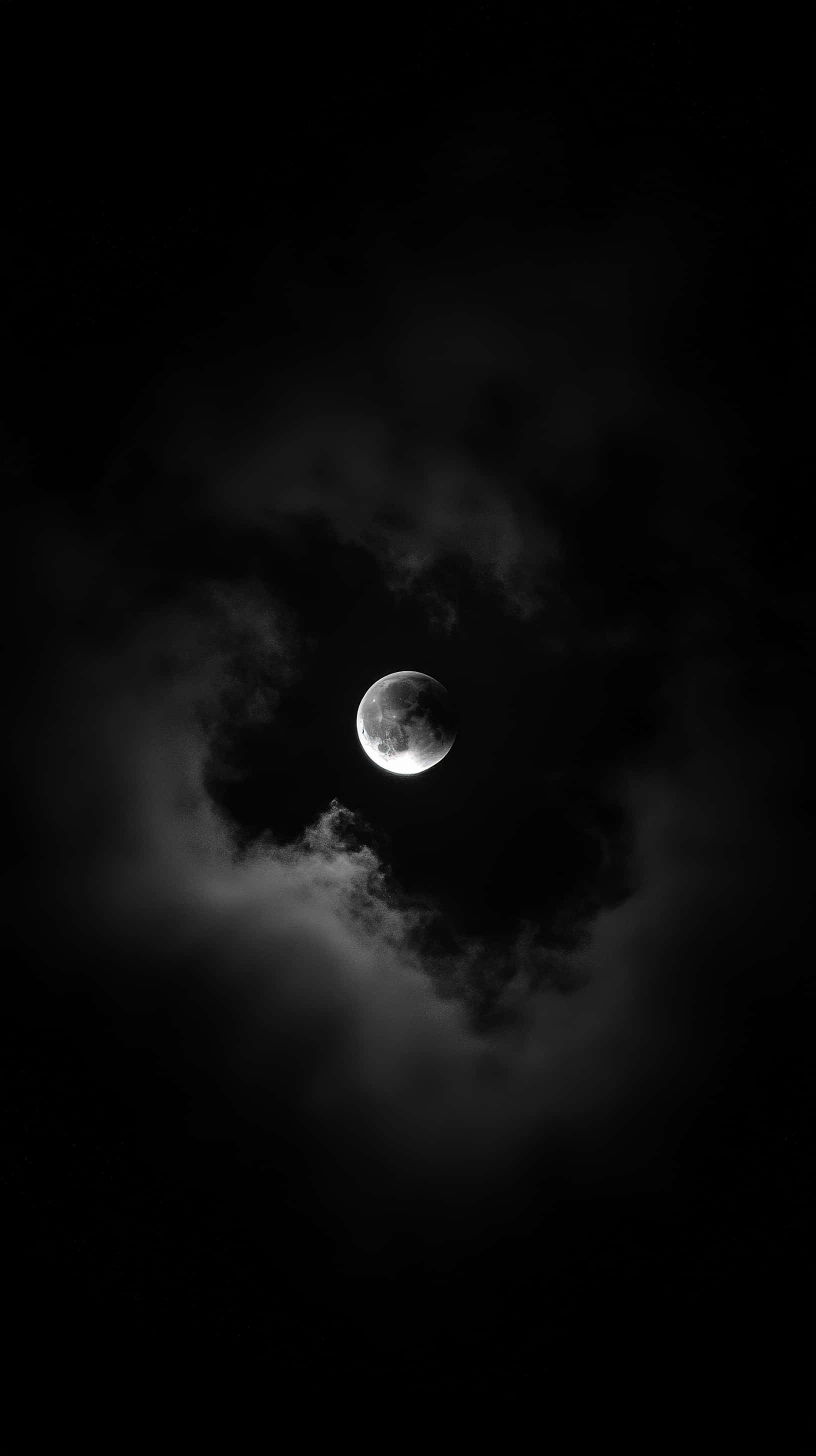 crescent moon, swirling dark clouds, pitch black night sky, 2K Phone Wallpaper