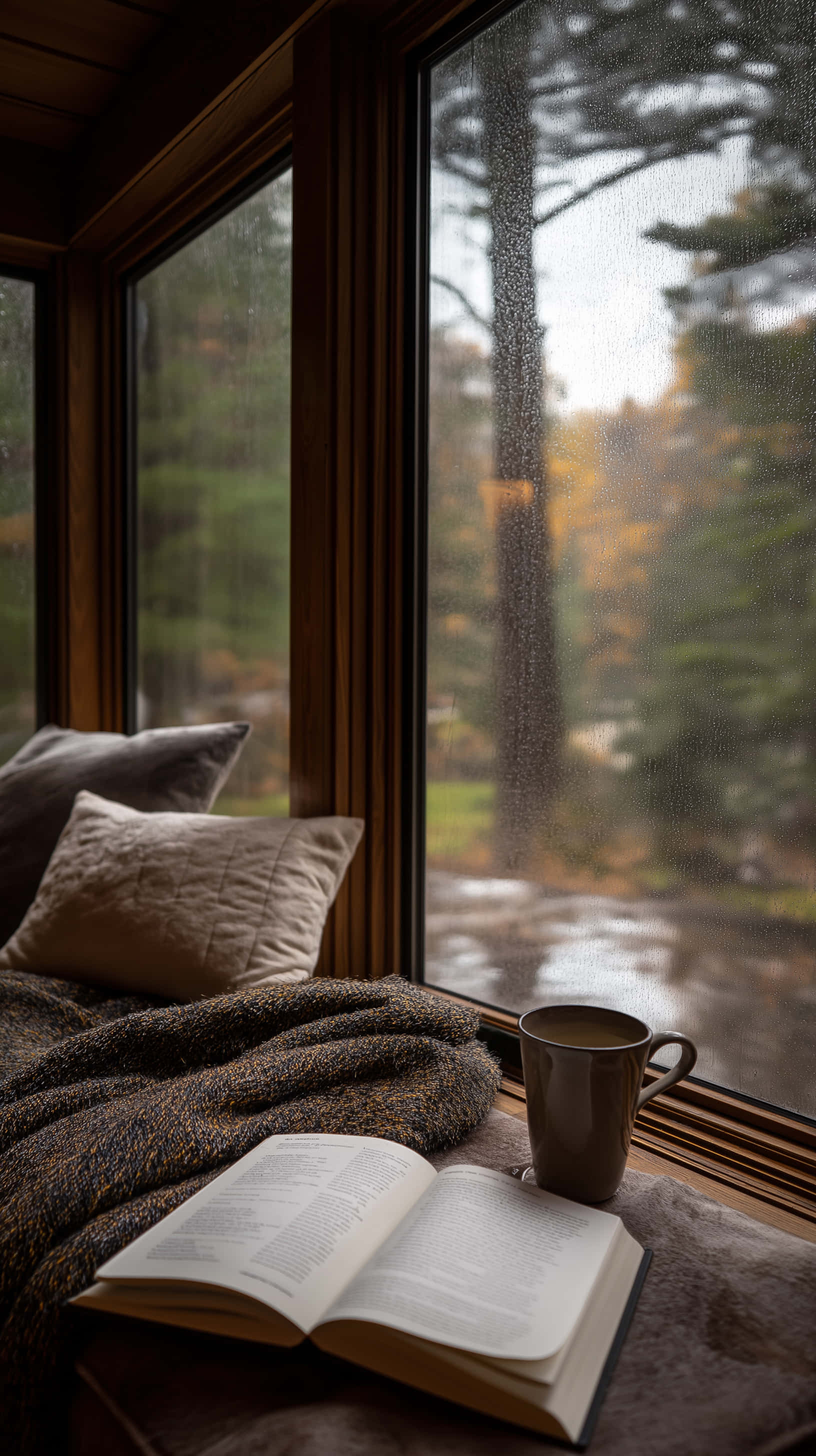 cozy window nook, moody rainy day, forest view, 2K Phone Wallpaper