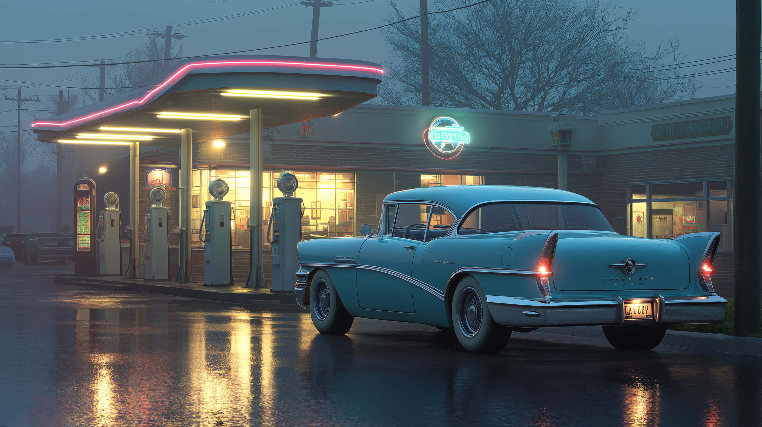 turquoise 1950s car, neon lights, misty gas station, 2K Desktop Wallpaper