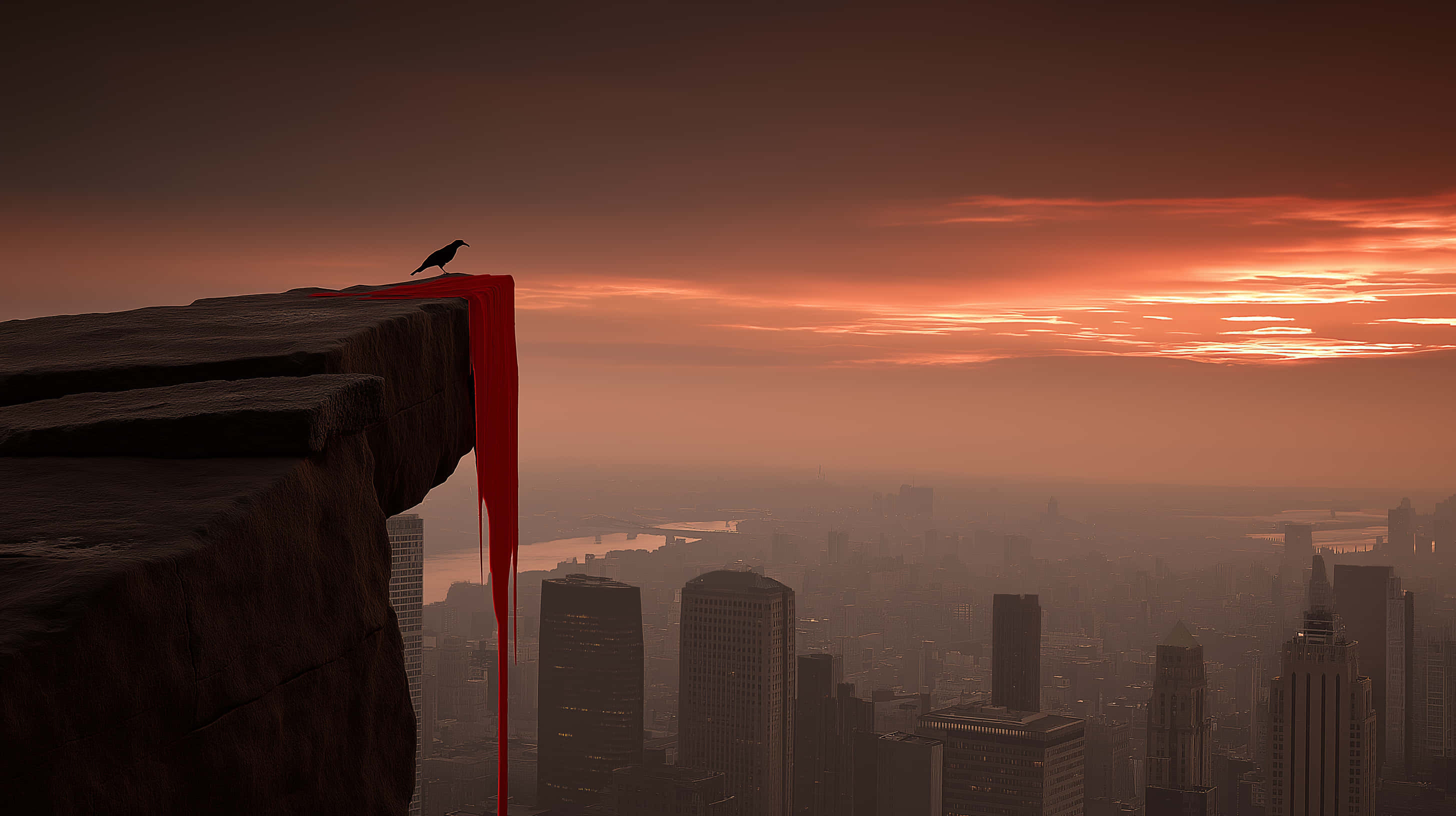 raven, cliff edge, cityscape, 2K Desktop Wallpaper