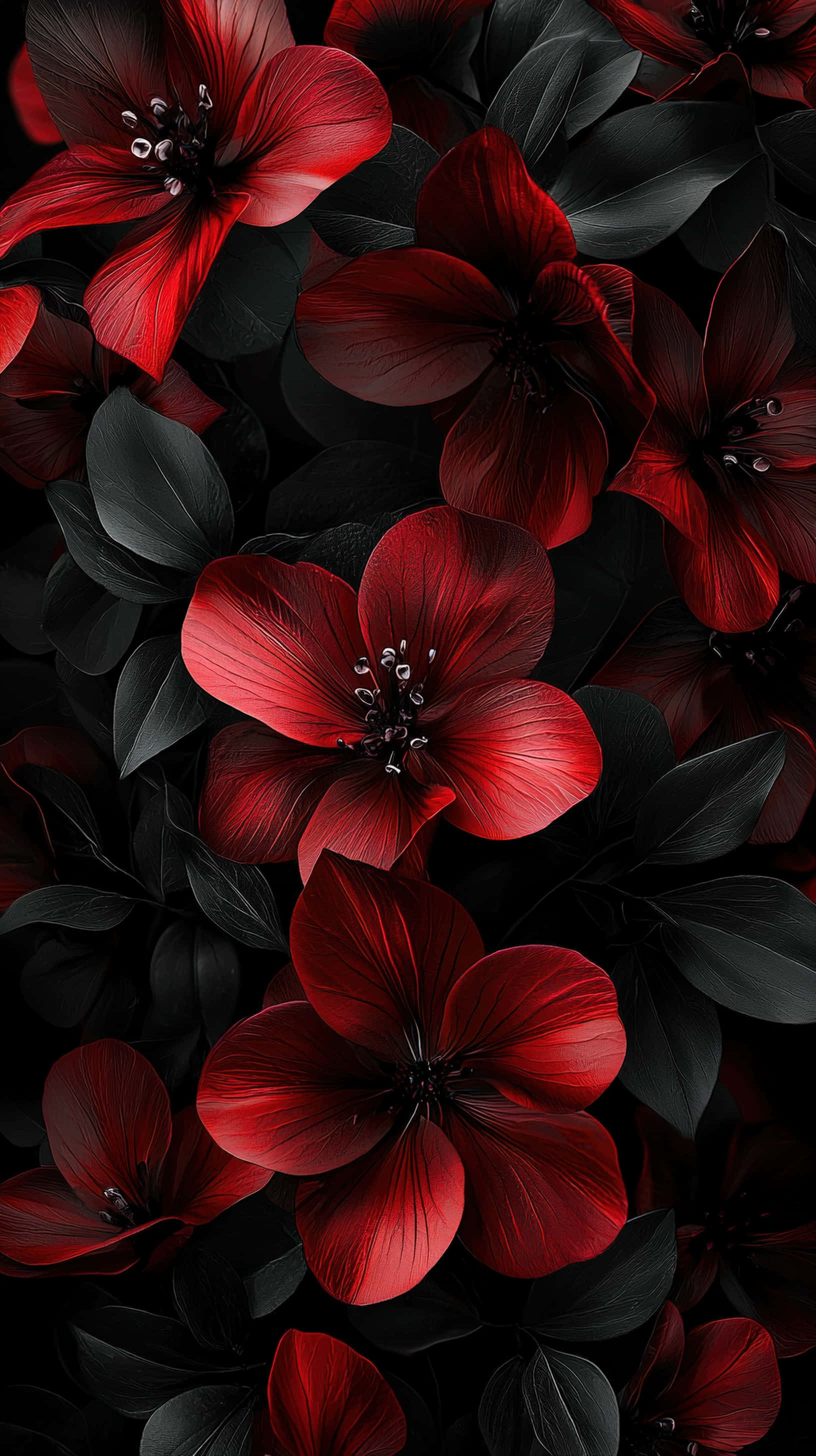 blossoming red and black flowers, glossy black leaves, vibrant red flowers with dark centers, 2K Phone Wallpaper