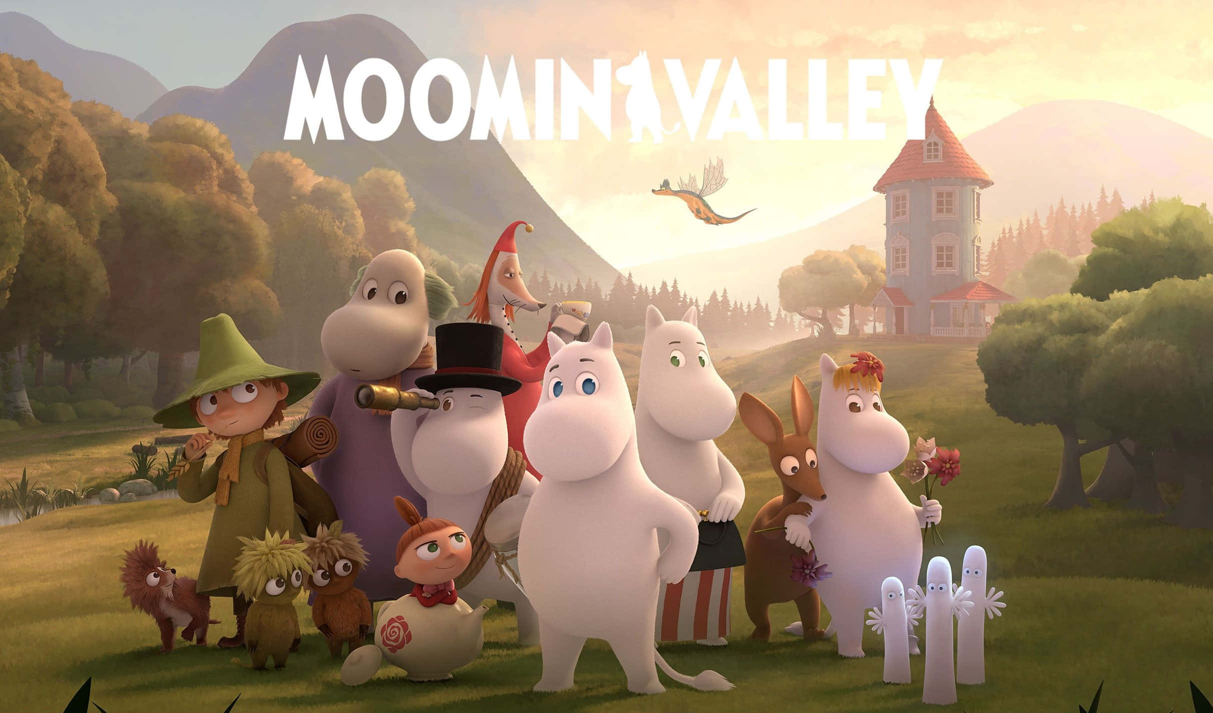 Moomin, sunlit valley, mountains, Full HD Desktop Wallpaper