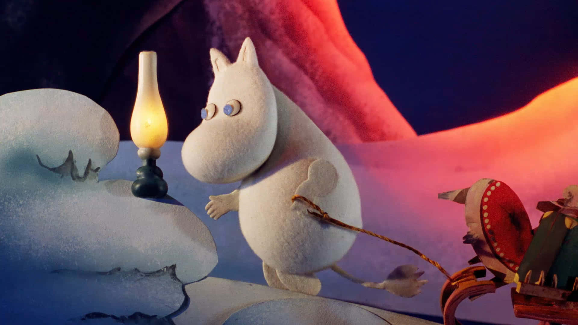 Moomin, oil lamp, snowy cave, Full HD Desktop Wallpaper