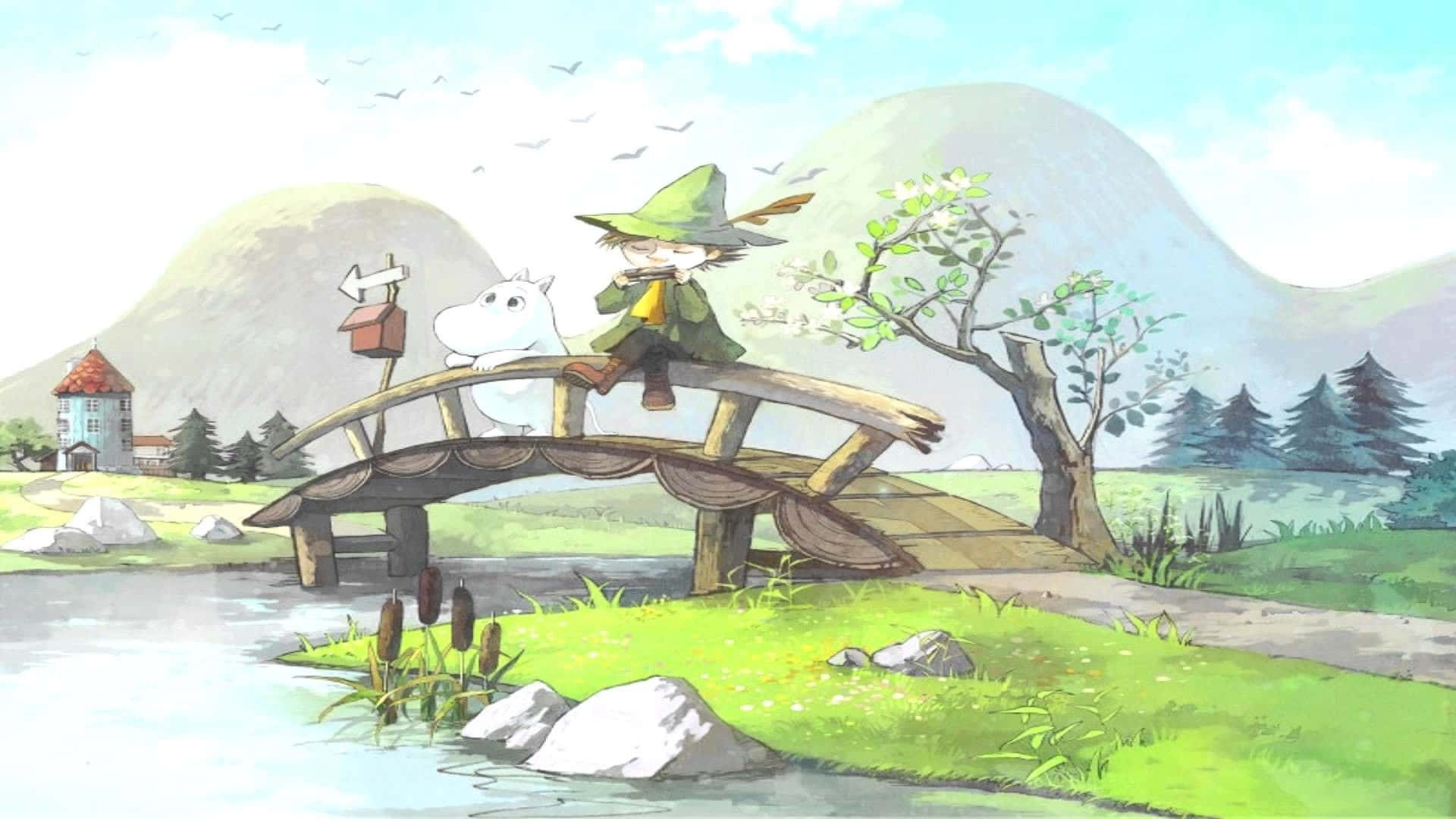Moomin, pastel watercolor, green hat, Full HD Desktop Wallpaper