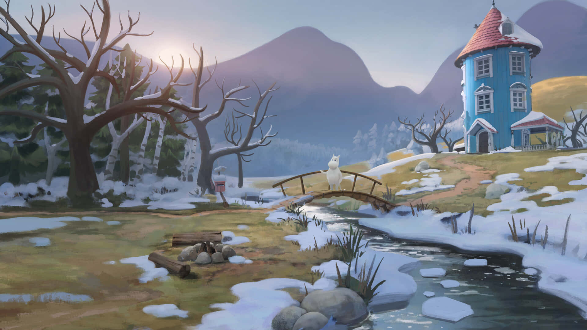 Moomin Desktop, snowy winter scene, blue house on a hill, Full HD Desktop Wallpaper
