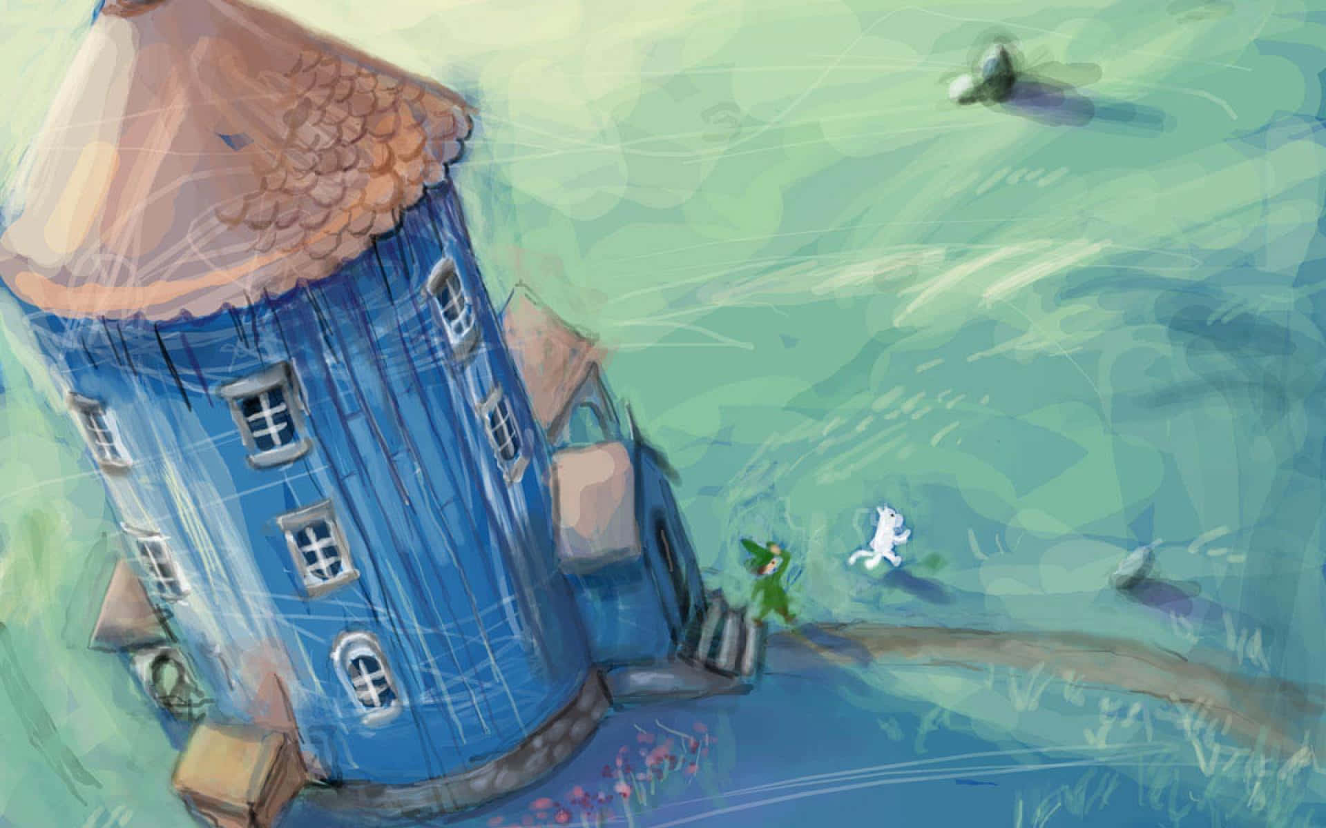 Moomin Desktop, blue cylindrical house, tiled roof, Full HD Desktop Wallpaper