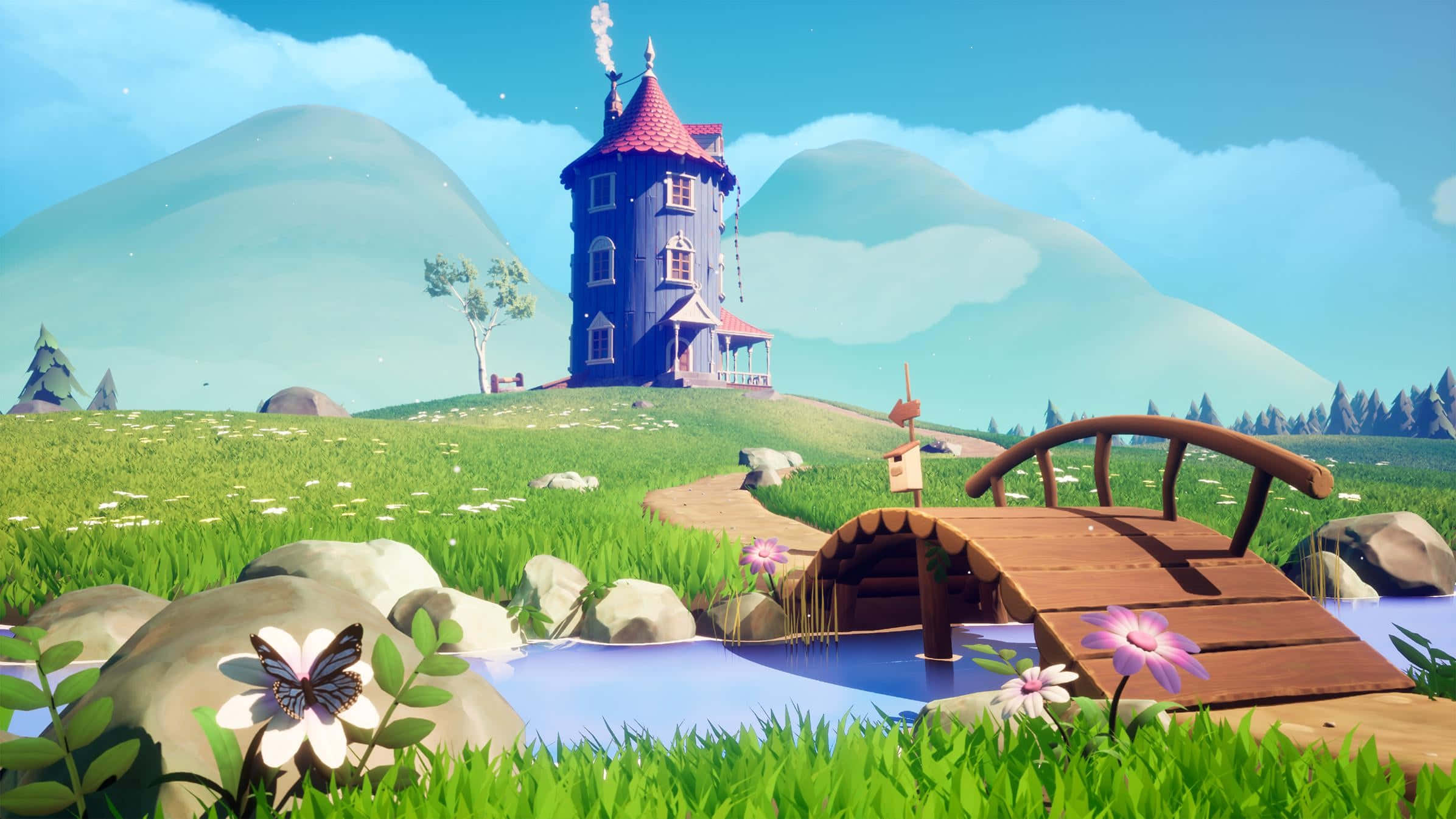 Moomin Desktop, whimsical blue tower house, grassy hill, Full HD Desktop Wallpaper