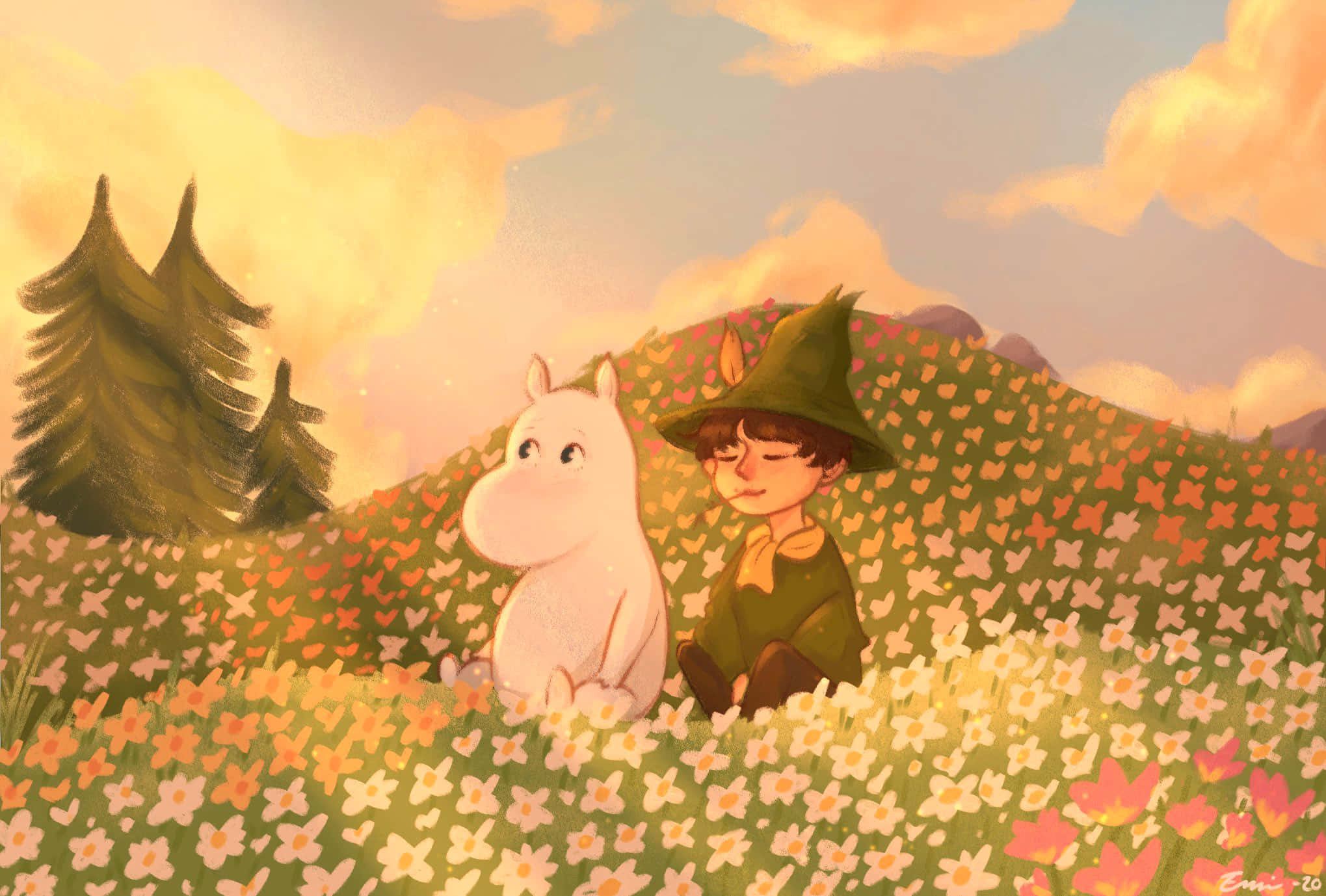 Moomin, green hat, white Moomin, Full HD Desktop Wallpaper