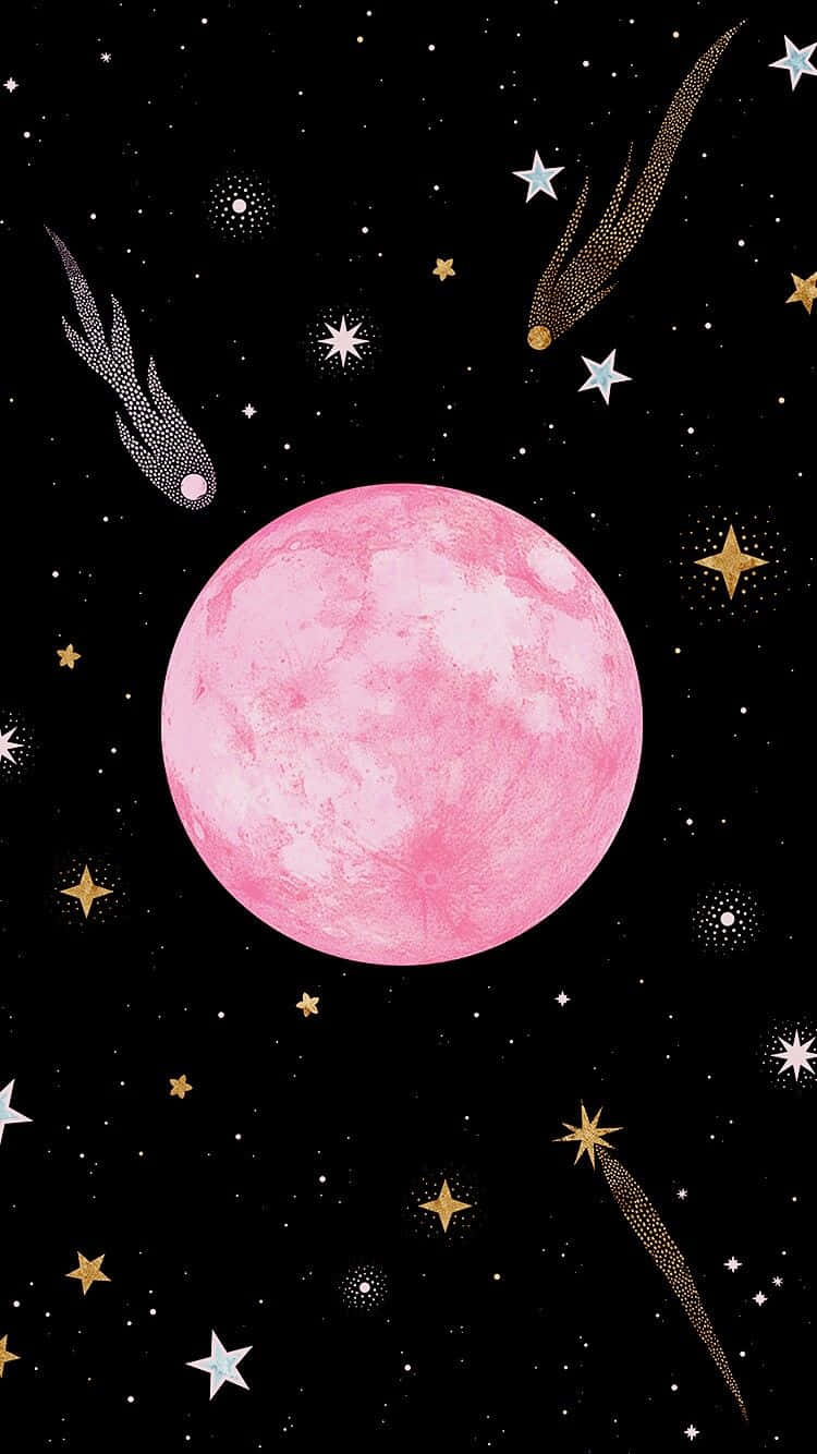 Moon and Stars iPhone, pink moon, starry black sky, HD Phone Wallpaper
