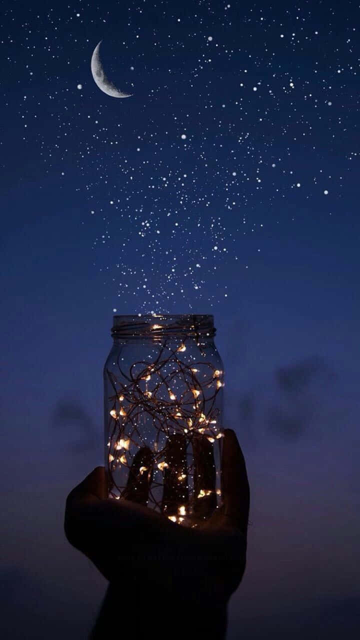 Moon And Stars iPhone, glass jar, glowing fairy lights, HD Phone Wallpaper