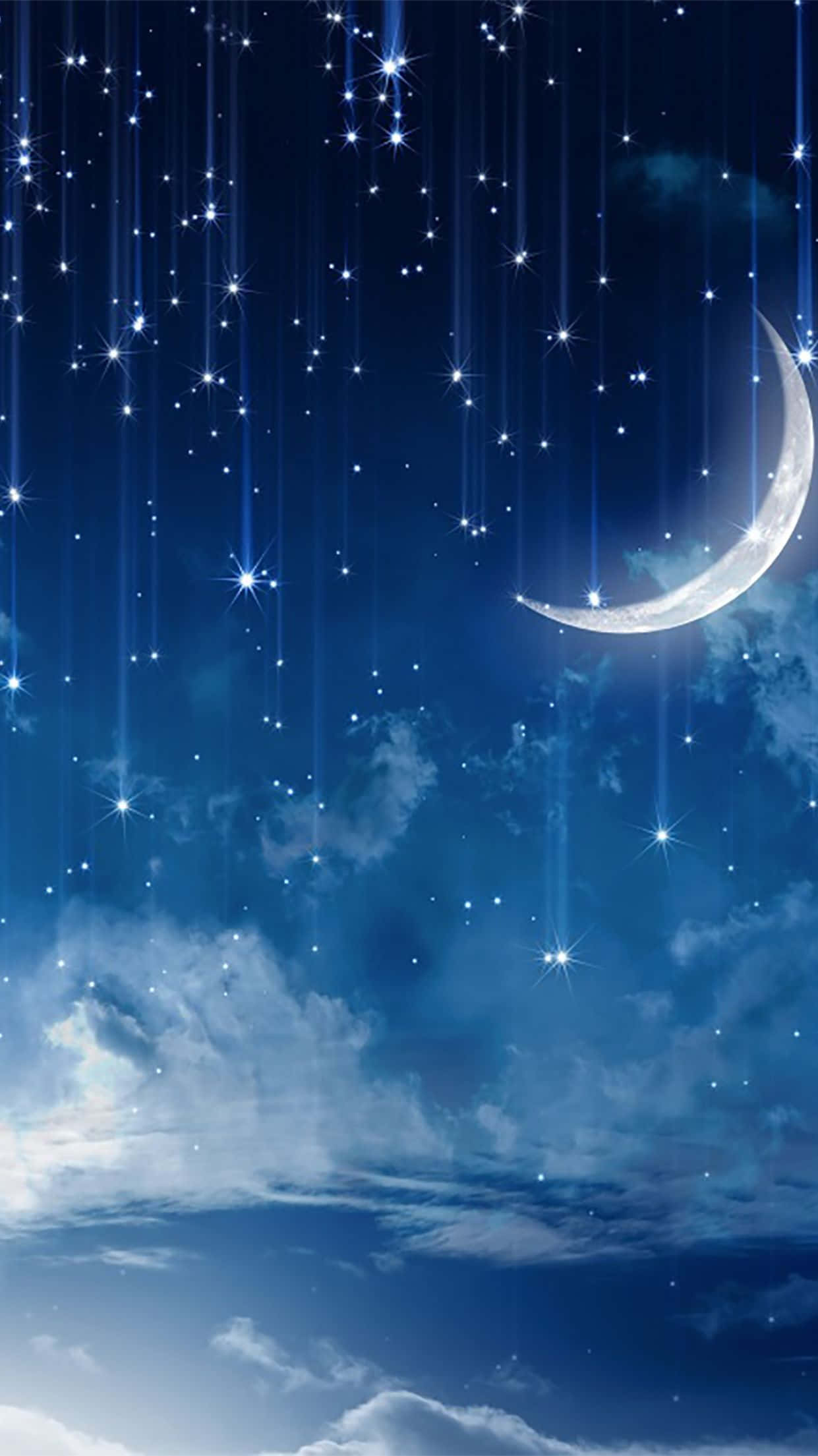 crescent moon, sparkling stars, night sky, Full HD Phone Wallpaper