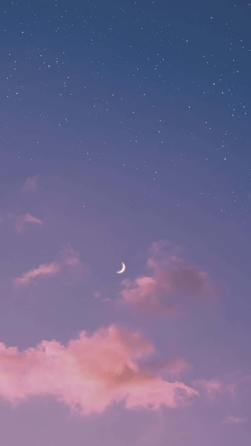 crescent moon, pastel pink clouds, starry twilight sky, HD Phone Wallpaper