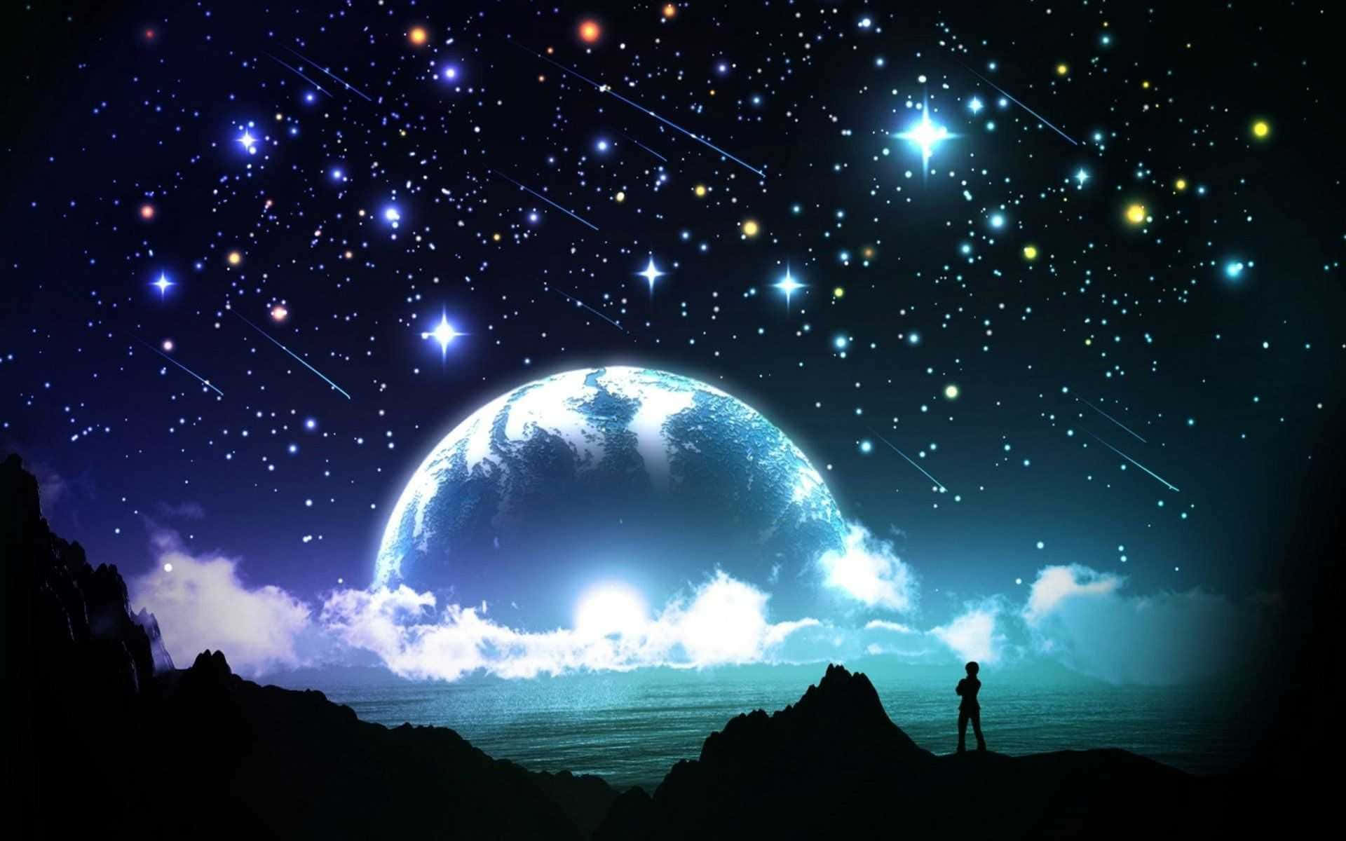 Moon And Stars iPhone, glowing blue planet, starry night sky, Full HD Desktop Wallpaper