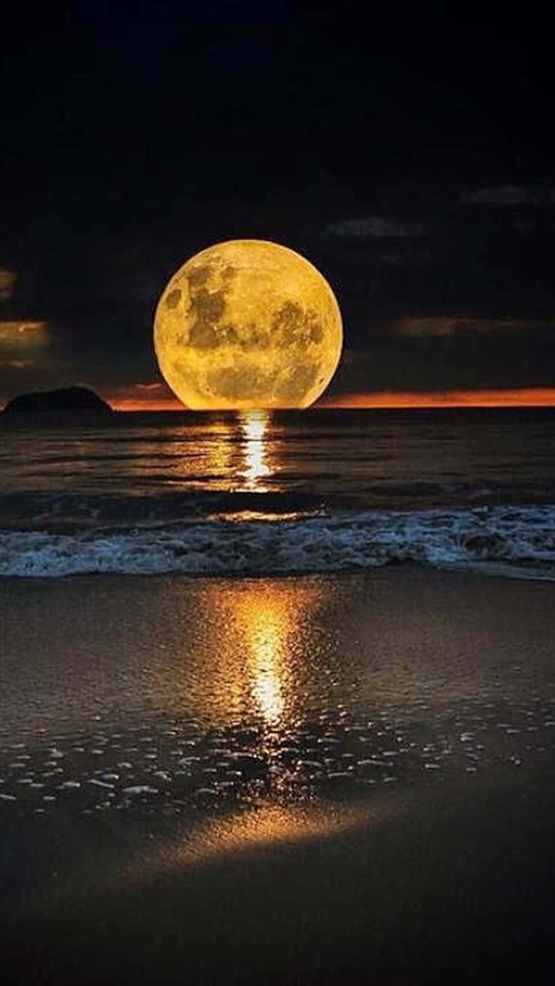 The Yellow Moon iPhone, golden full moon, dark ocean, Full HD Phone Wallpaper
