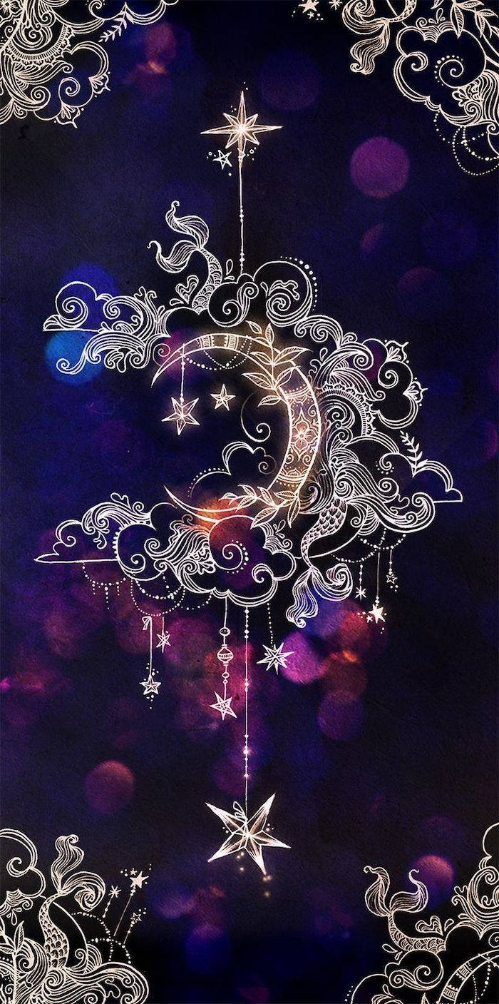ornate silver crescent moon, stars, swirling filigree, HD Phone Wallpaper