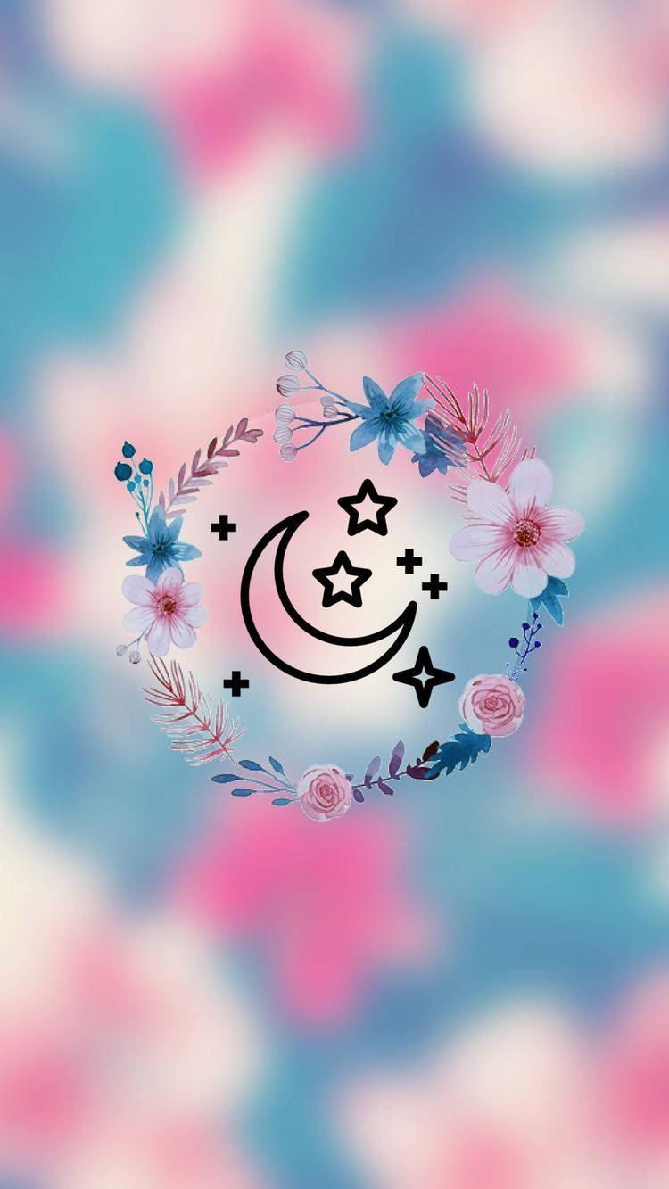 crescent moon, stars, floral wreath, HD Phone Wallpaper