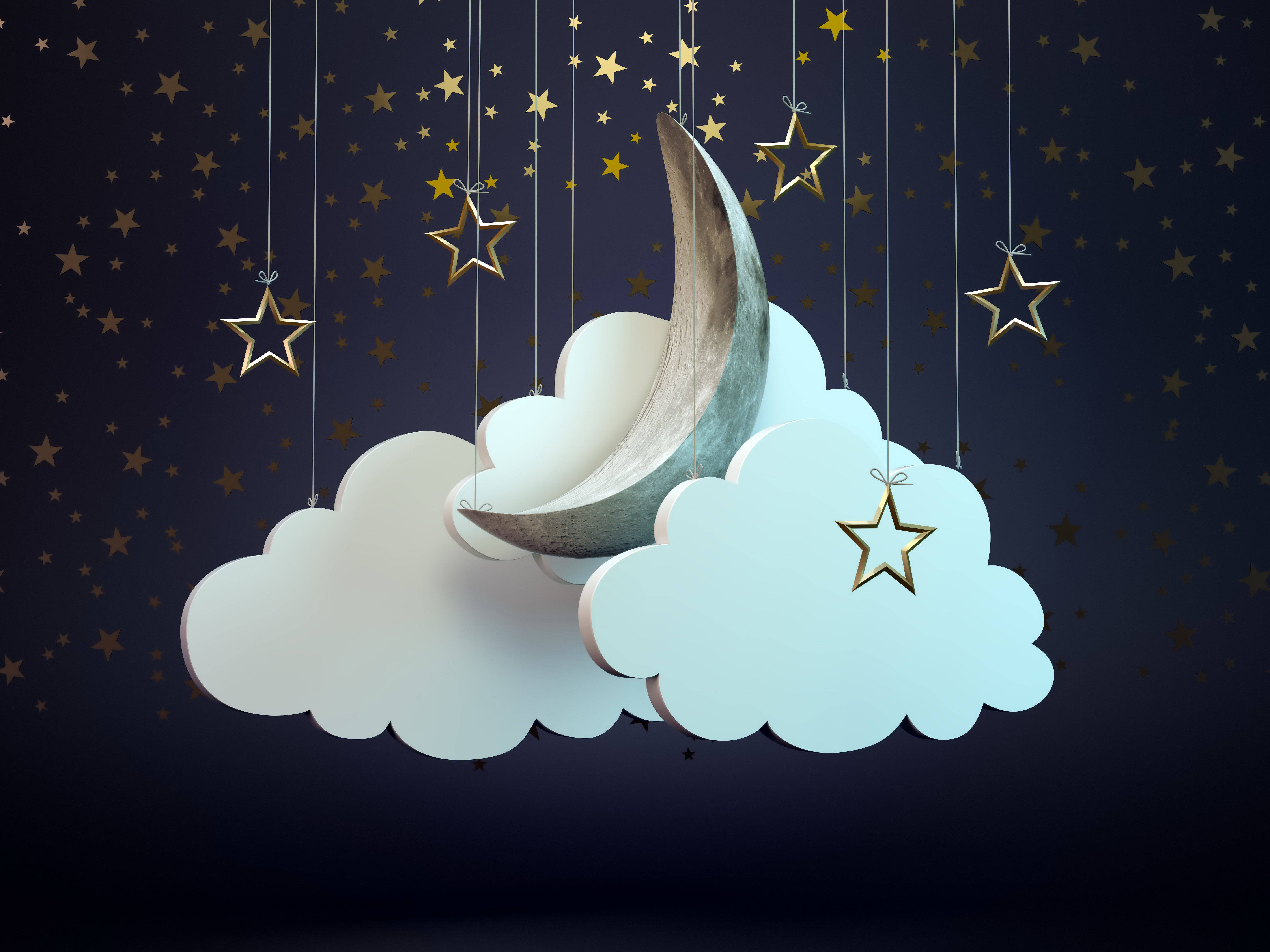 crescent moon, fluffy clouds, starry night sky, 5K Desktop Wallpaper