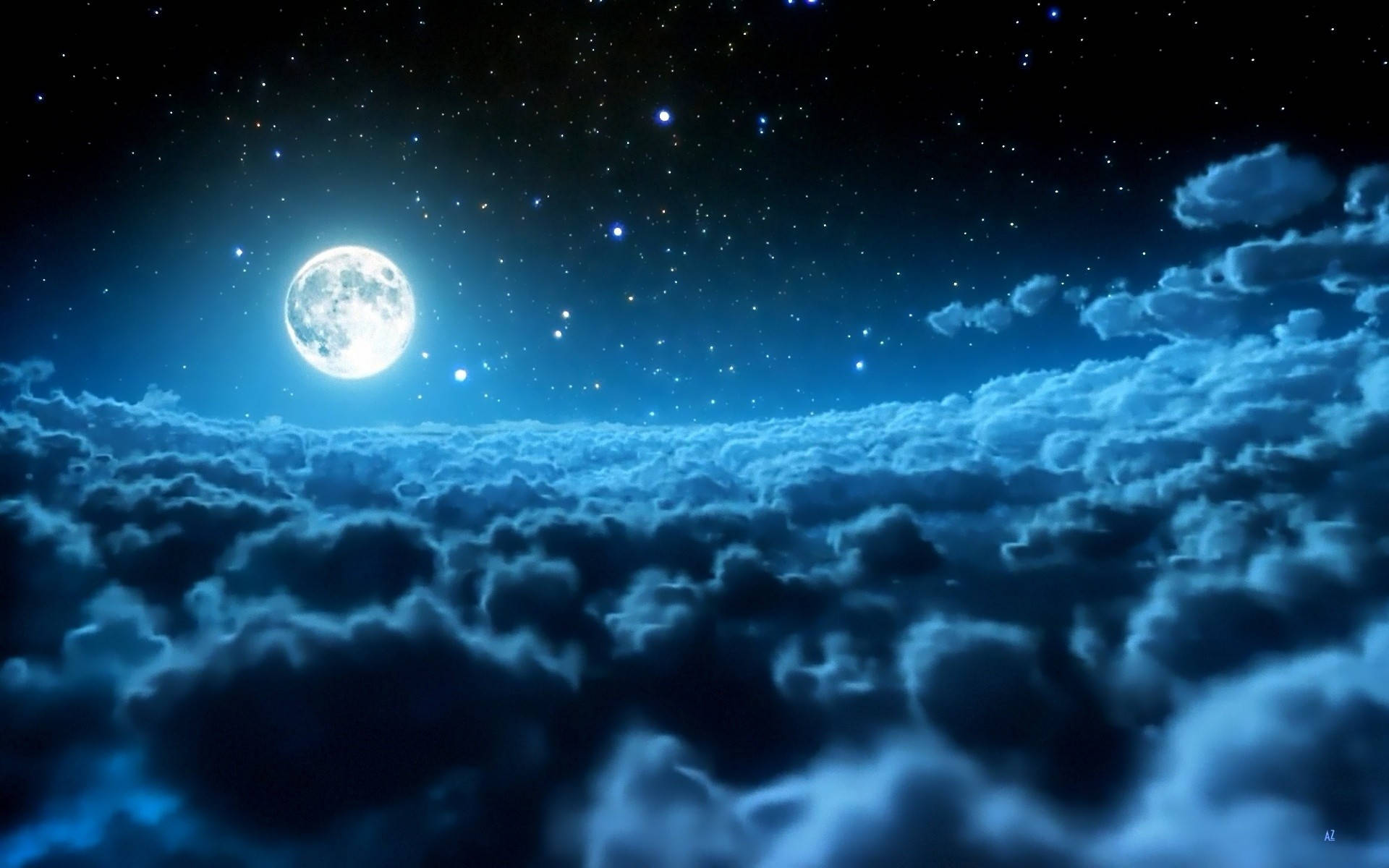 Moon And Stars, sea of swirling blue clouds, full moon, Full HD Desktop Wallpaper