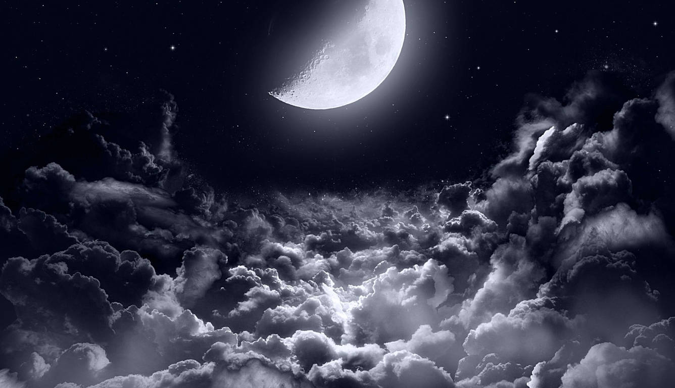 crescent moon, cloudy sky, starry night sky, HD Desktop Wallpaper