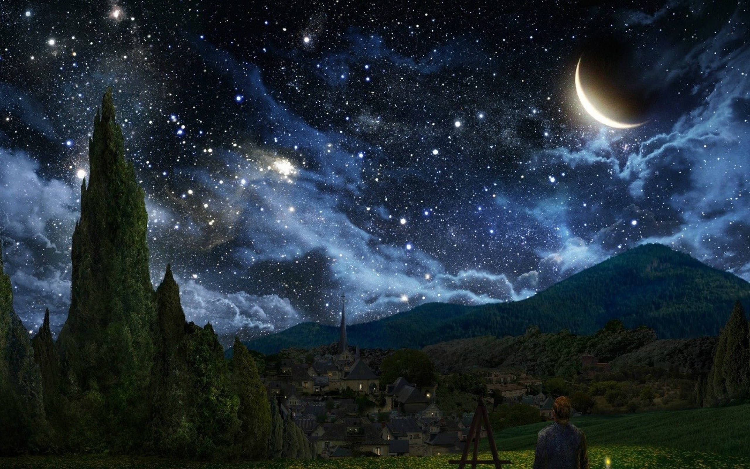 Mountain Moon And Stars, crescent moon, starry night sky, 2K Desktop Wallpaper