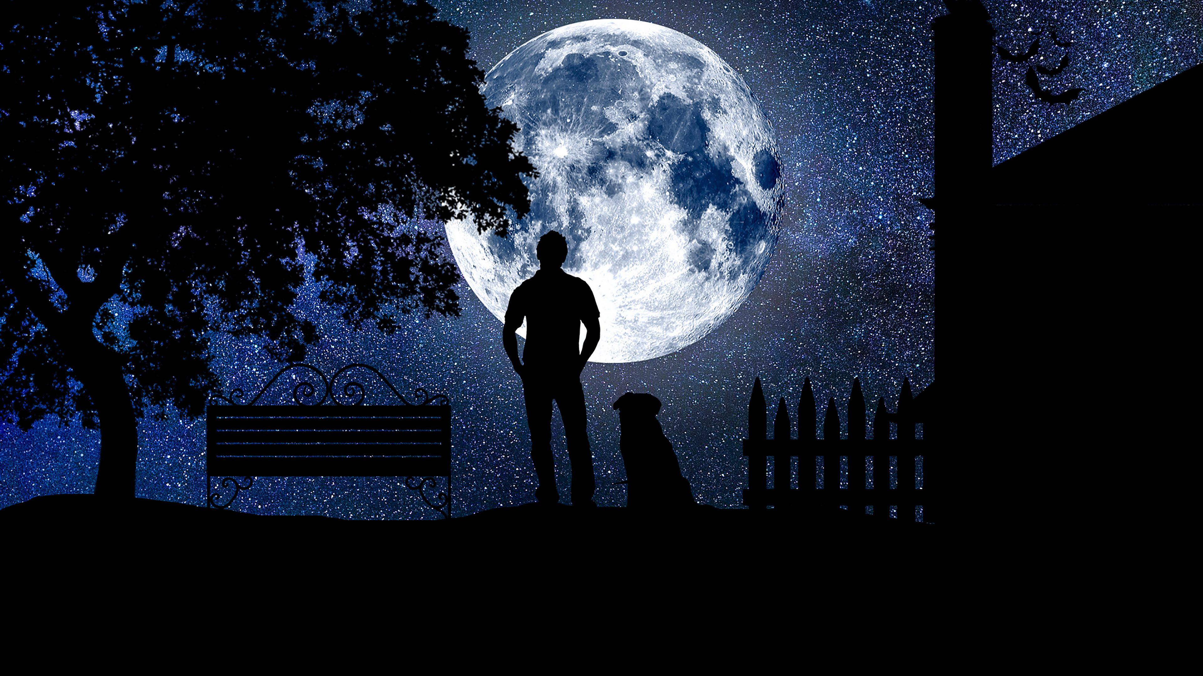 Moon And Stars, glowing moon, starry night sky, 4K Desktop Wallpaper