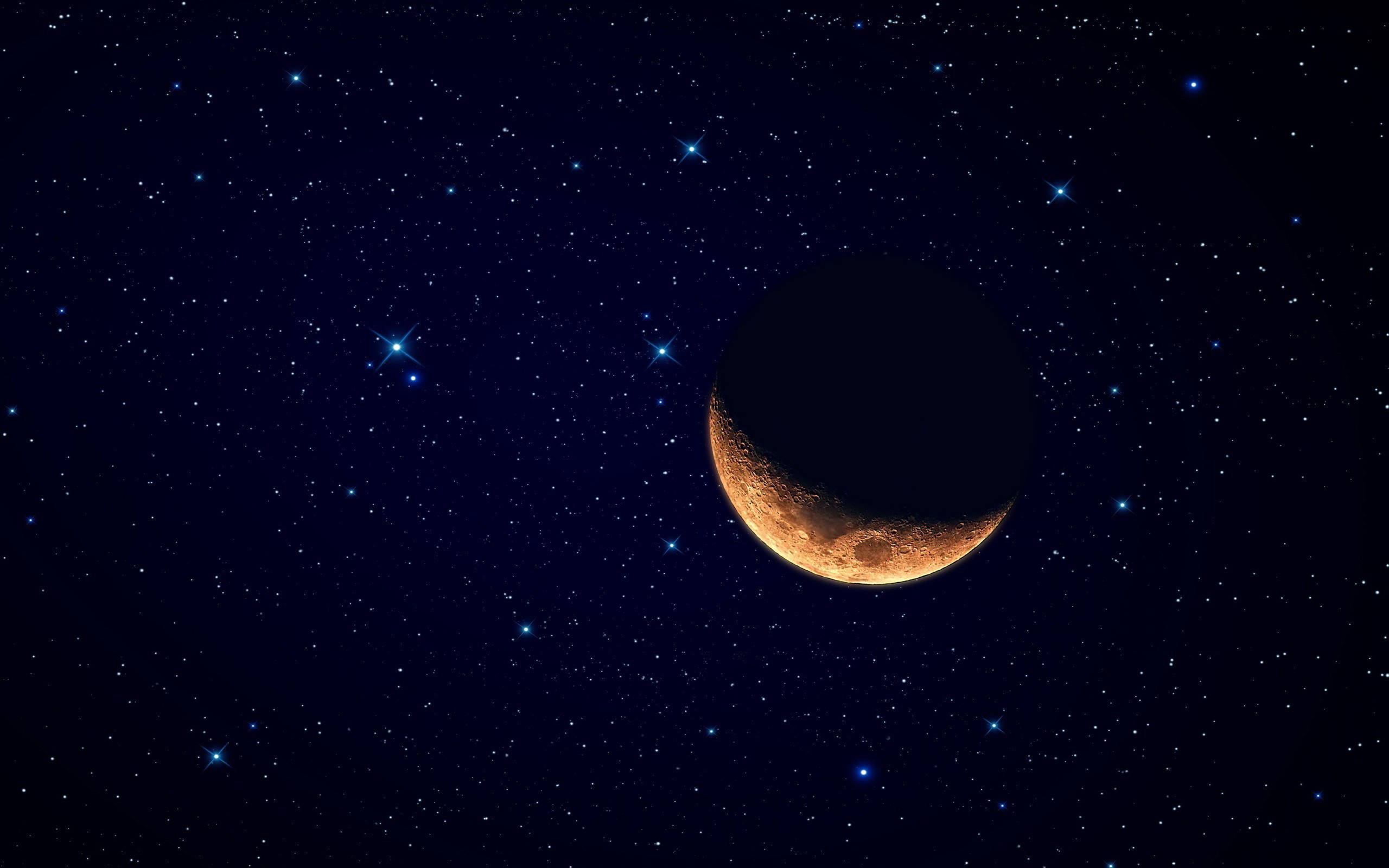 crescent moon, glowing orange rim, deep blue starfield, 2K Desktop Wallpaper