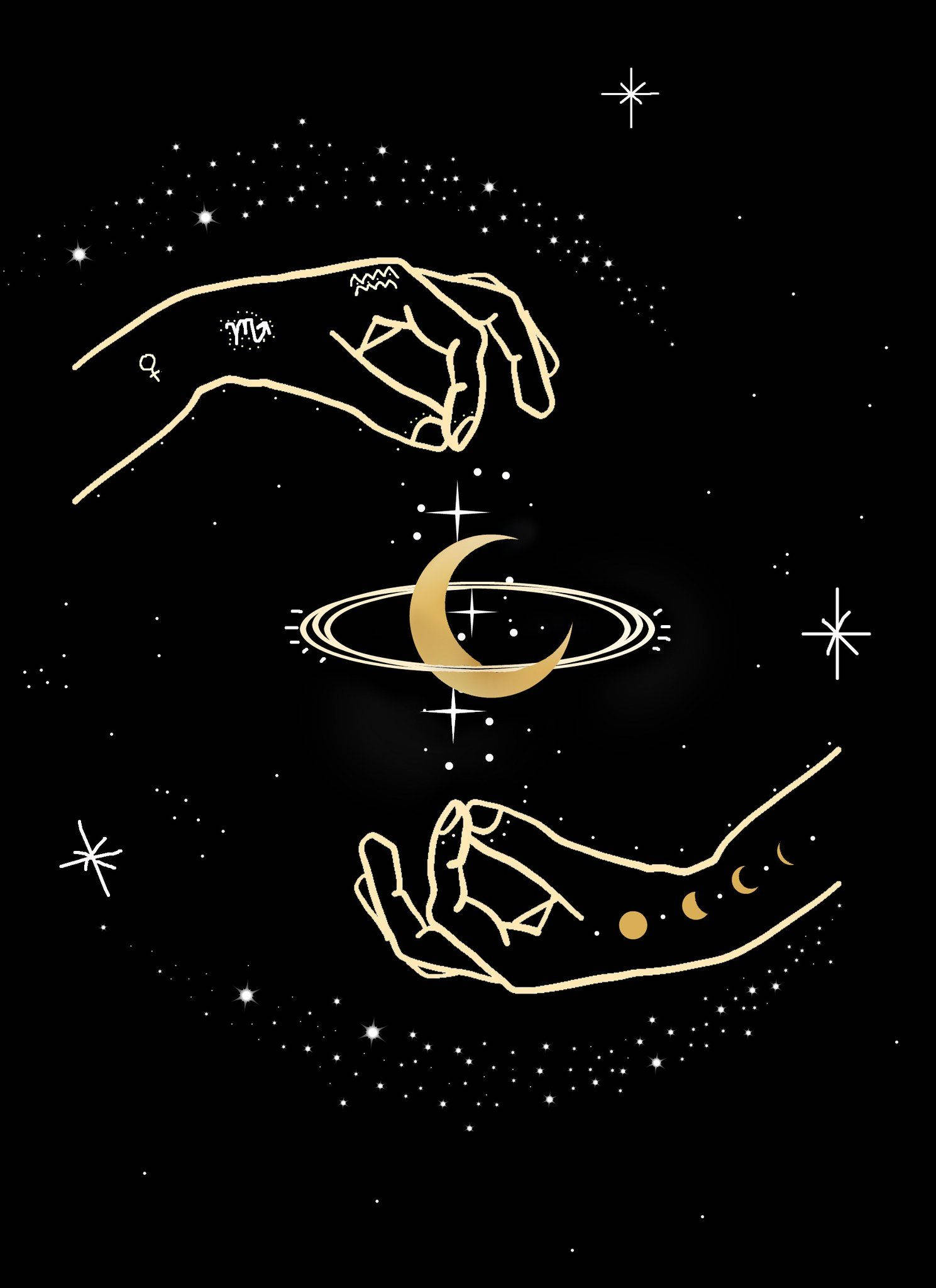 Pinch Of Moon And Stardust, crescent moon, planetary rings, Full HD Phone Wallpaper