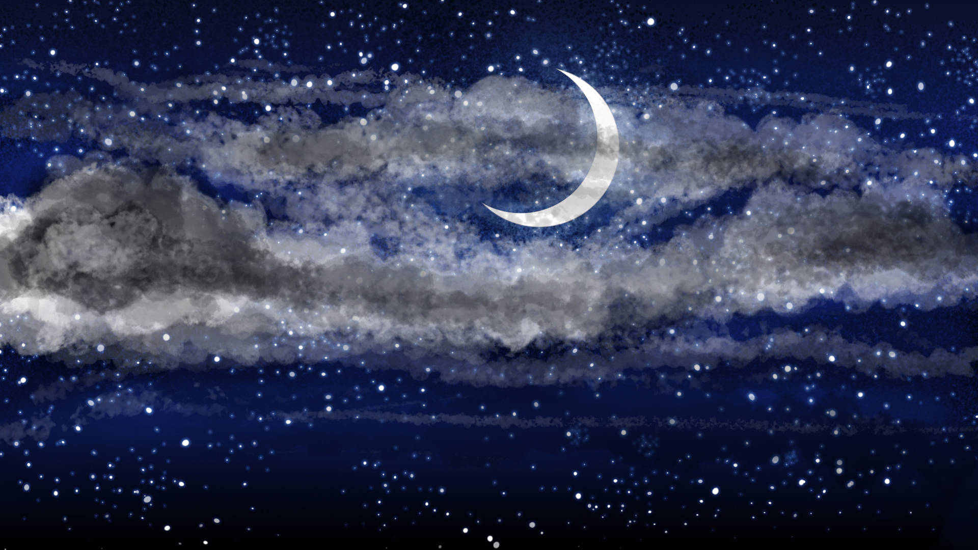 crescent moon, wispy clouds, starry midnight sky, Full HD Desktop Wallpaper