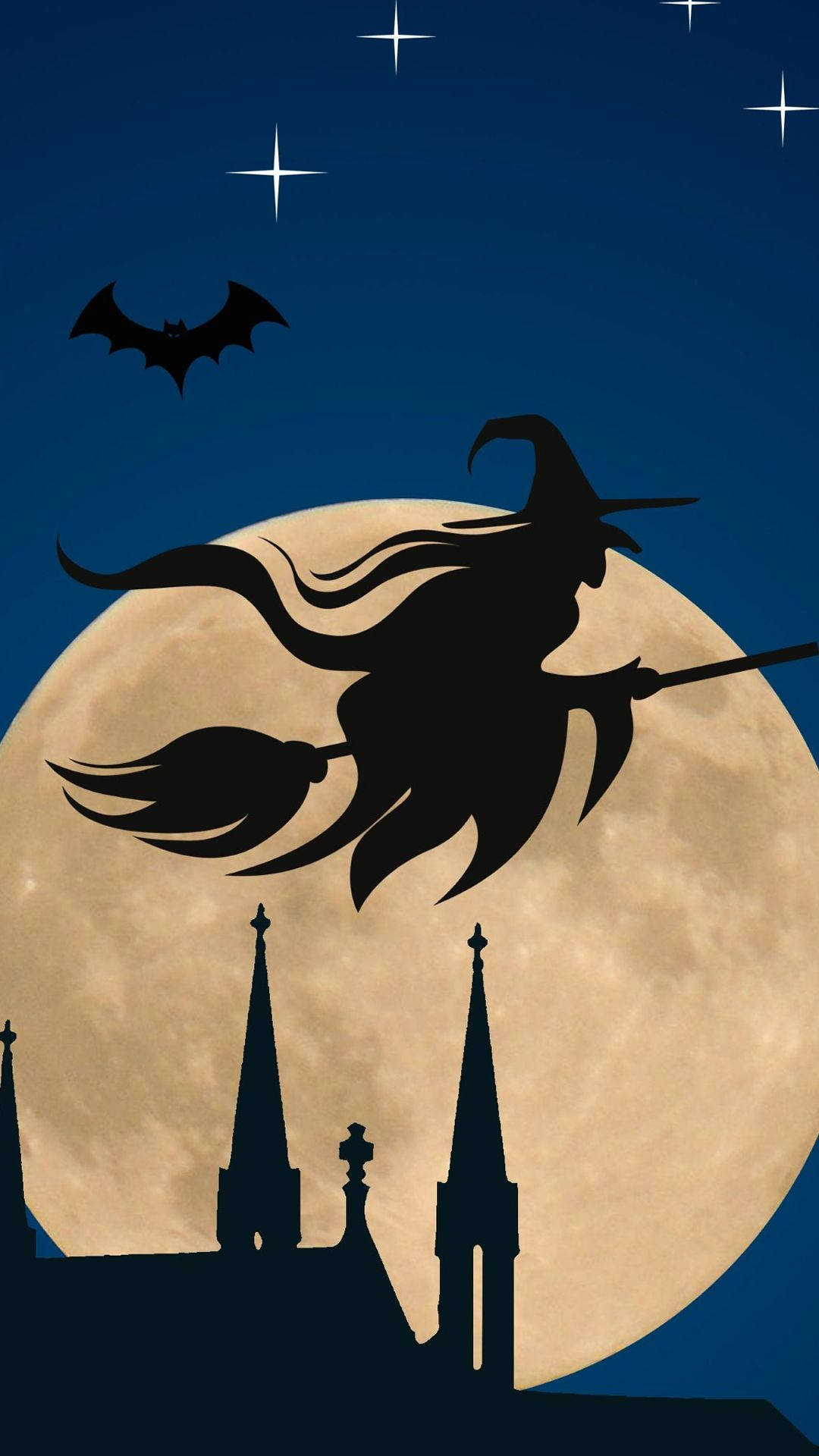 witch, broomstick, full moon, Full HD Phone Wallpaper
